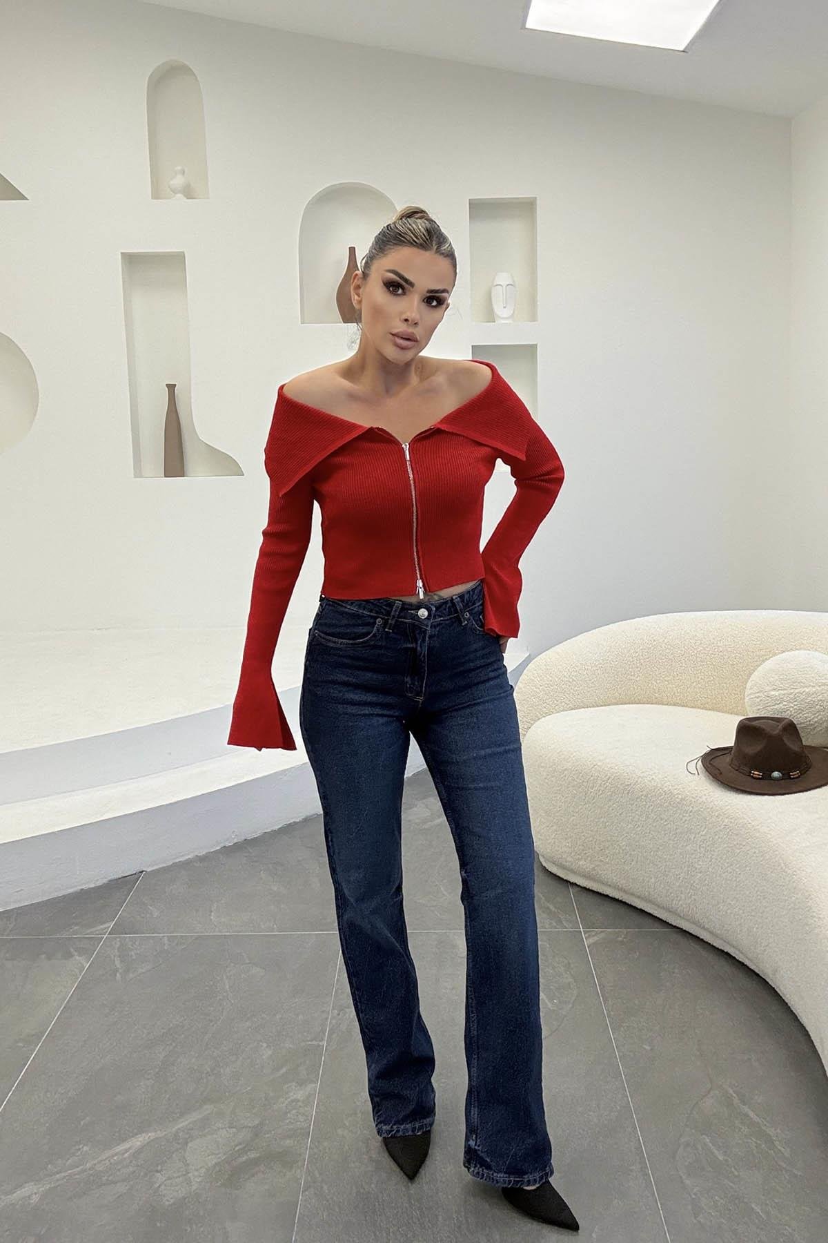 Eswomes Yüksek Bel  Straight Jean Koyu Mavi
