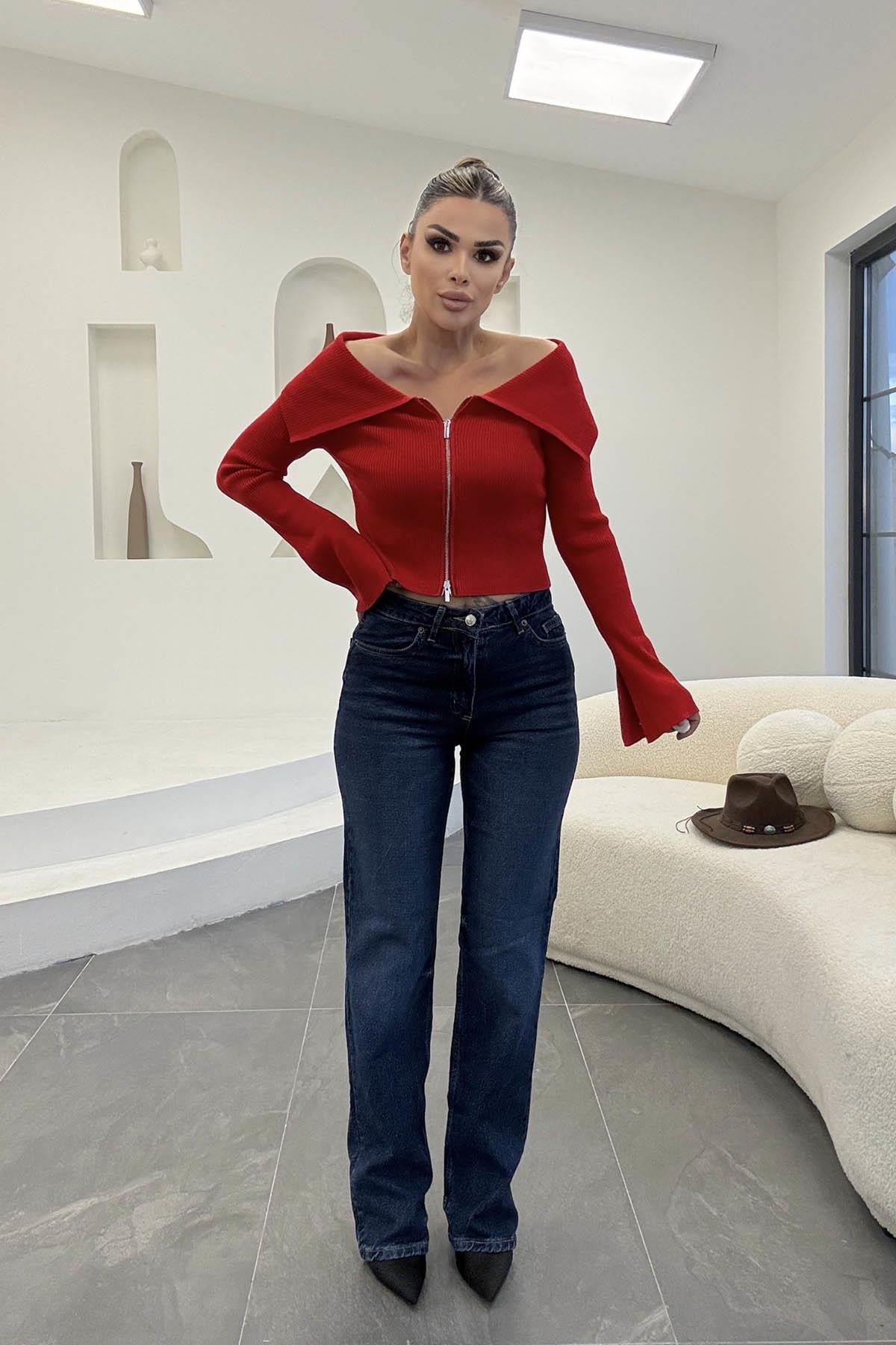 Eswomes Yüksek Bel  Straight Jean Koyu Mavi