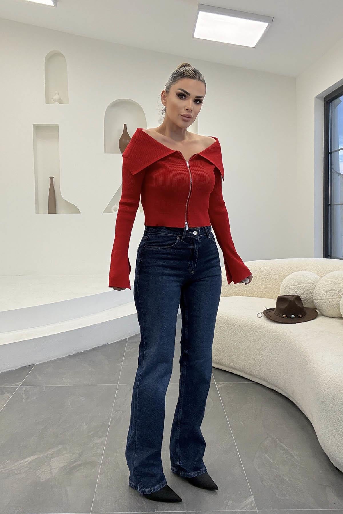 Eswomes Yüksek Bel  Straight Jean Koyu Mavi