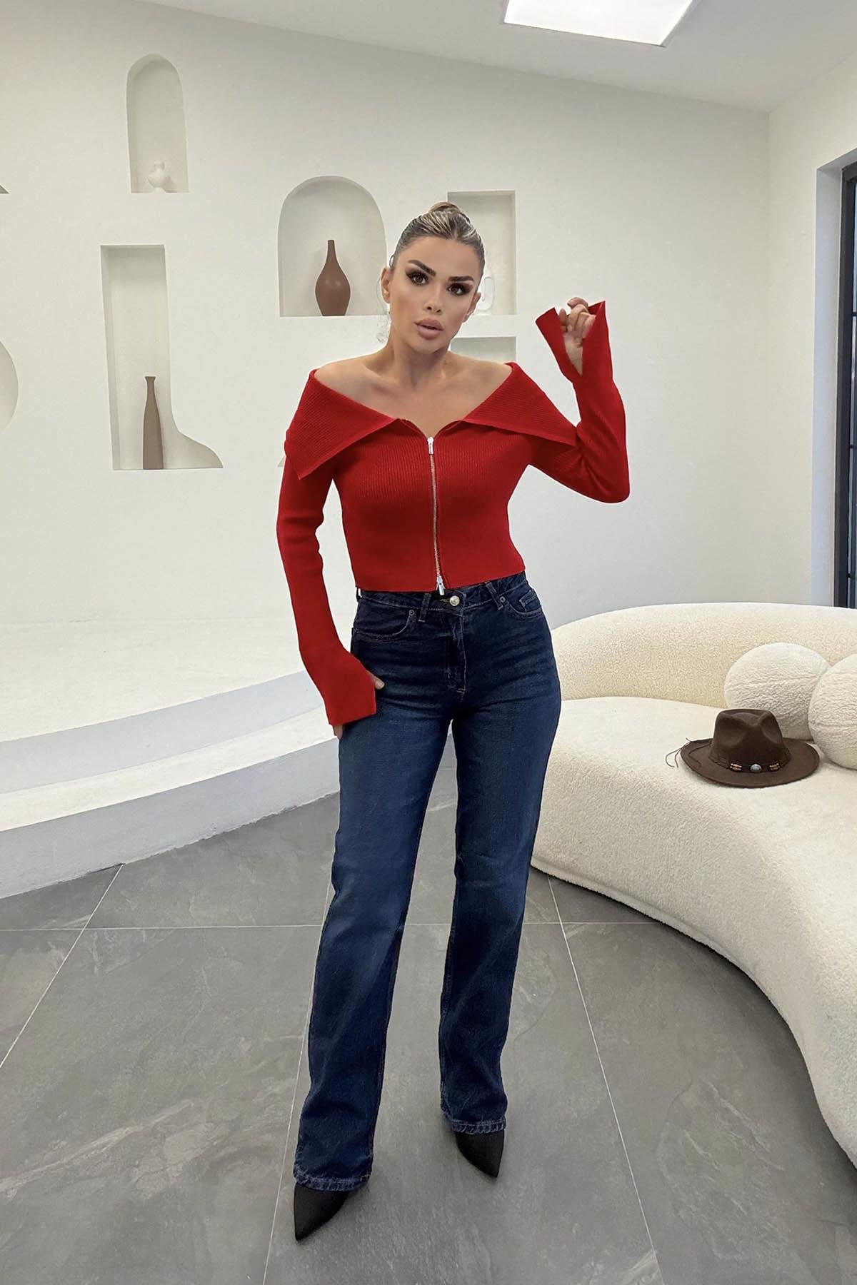 Eswomes Yüksek Bel  Straight Jean Koyu Mavi