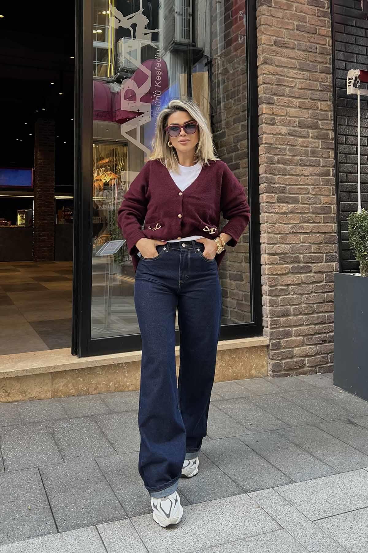 Eswomes Yüksek Bel Straight Jean Lacivert