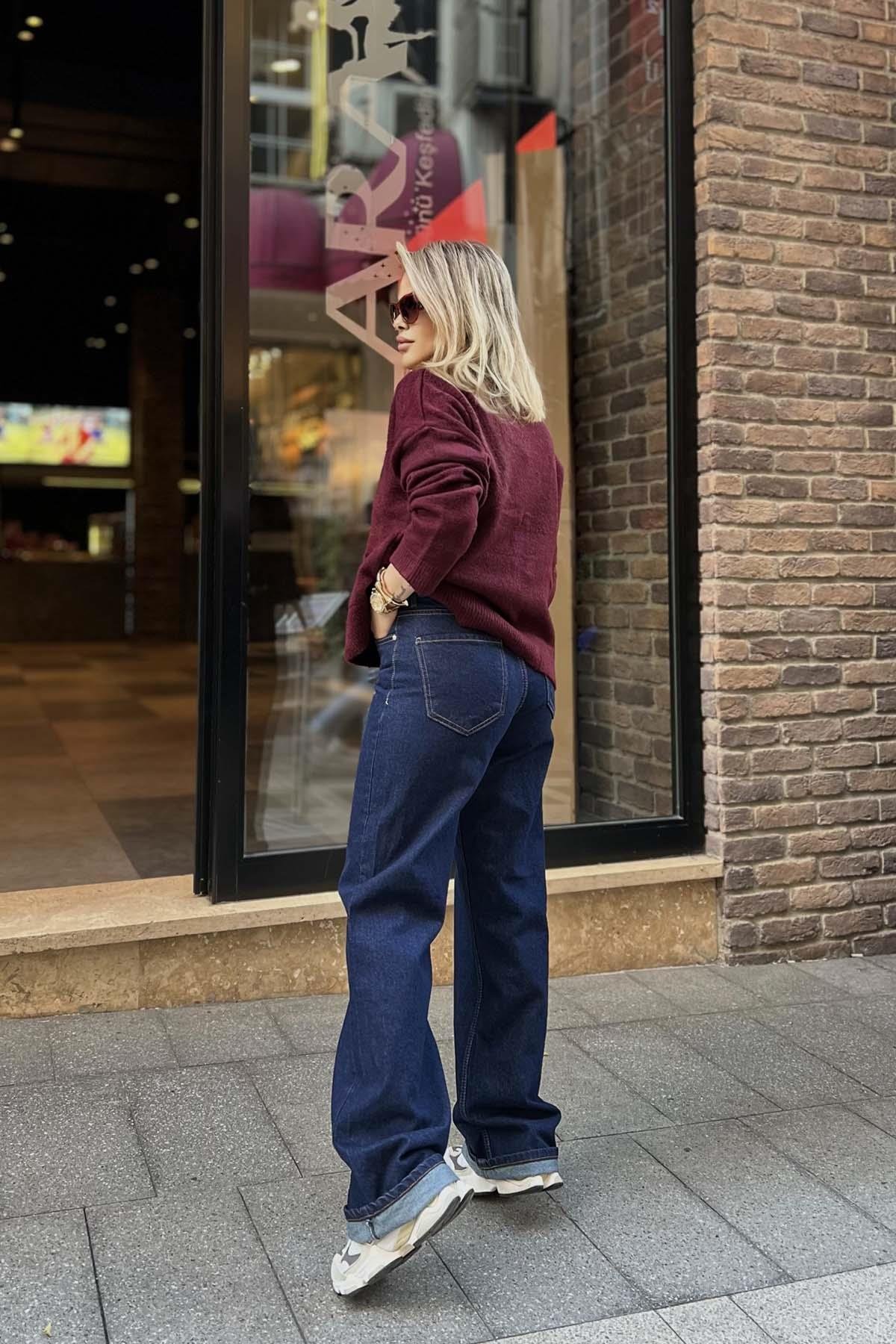 Eswomes Yüksek Bel Straight Jean Lacivert
