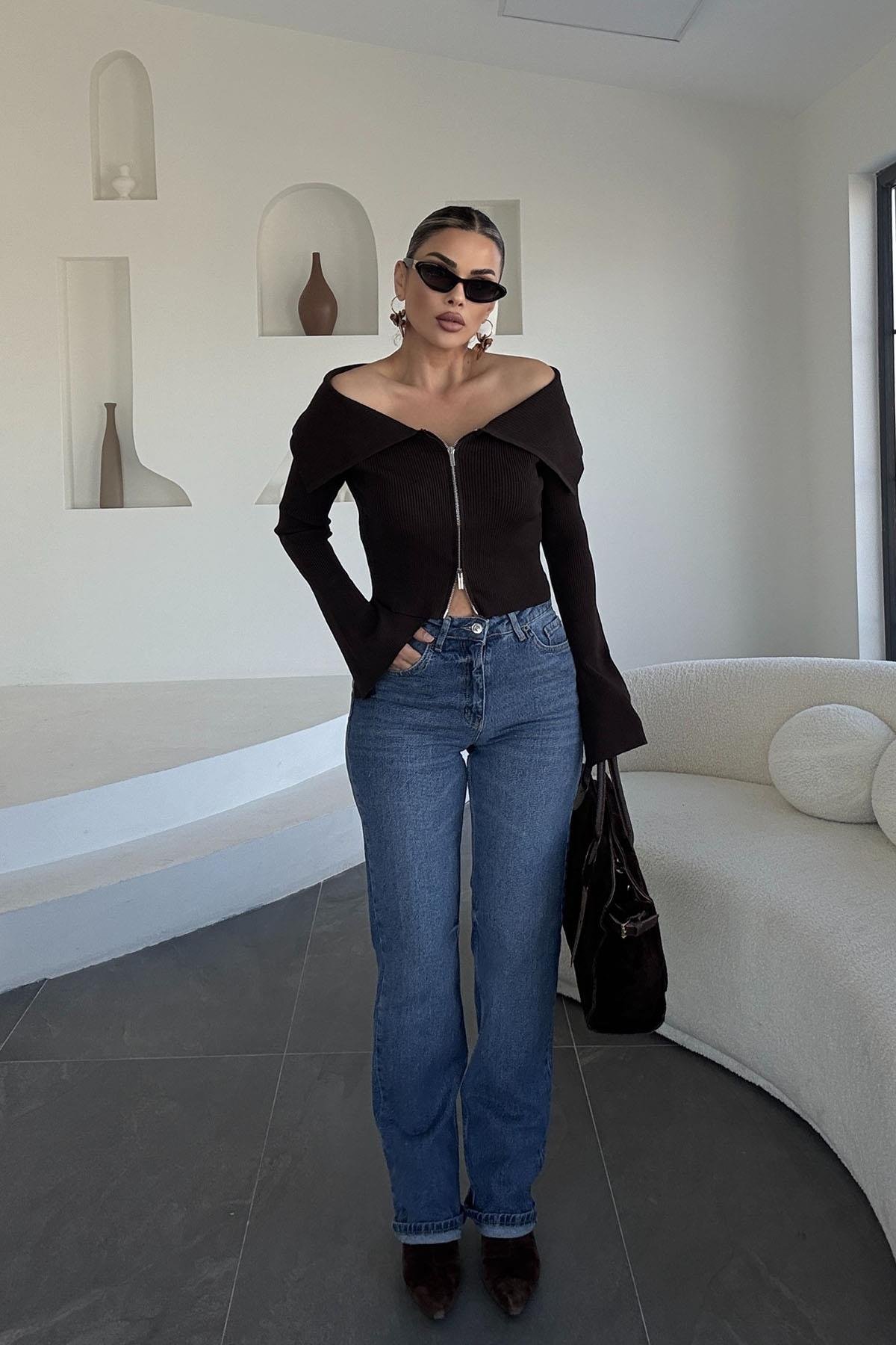 Eswomes Yüksek Bel  Straight Jean Mavi