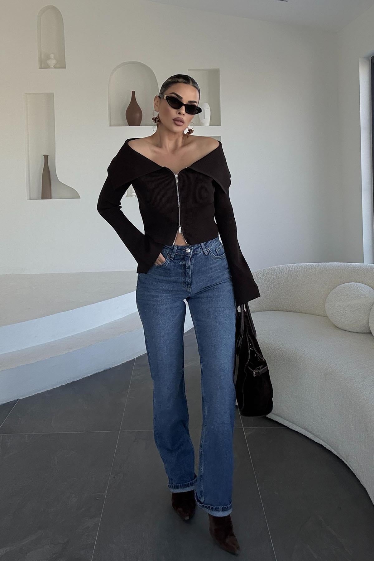 Eswomes Yüksek Bel  Straight Jean Mavi