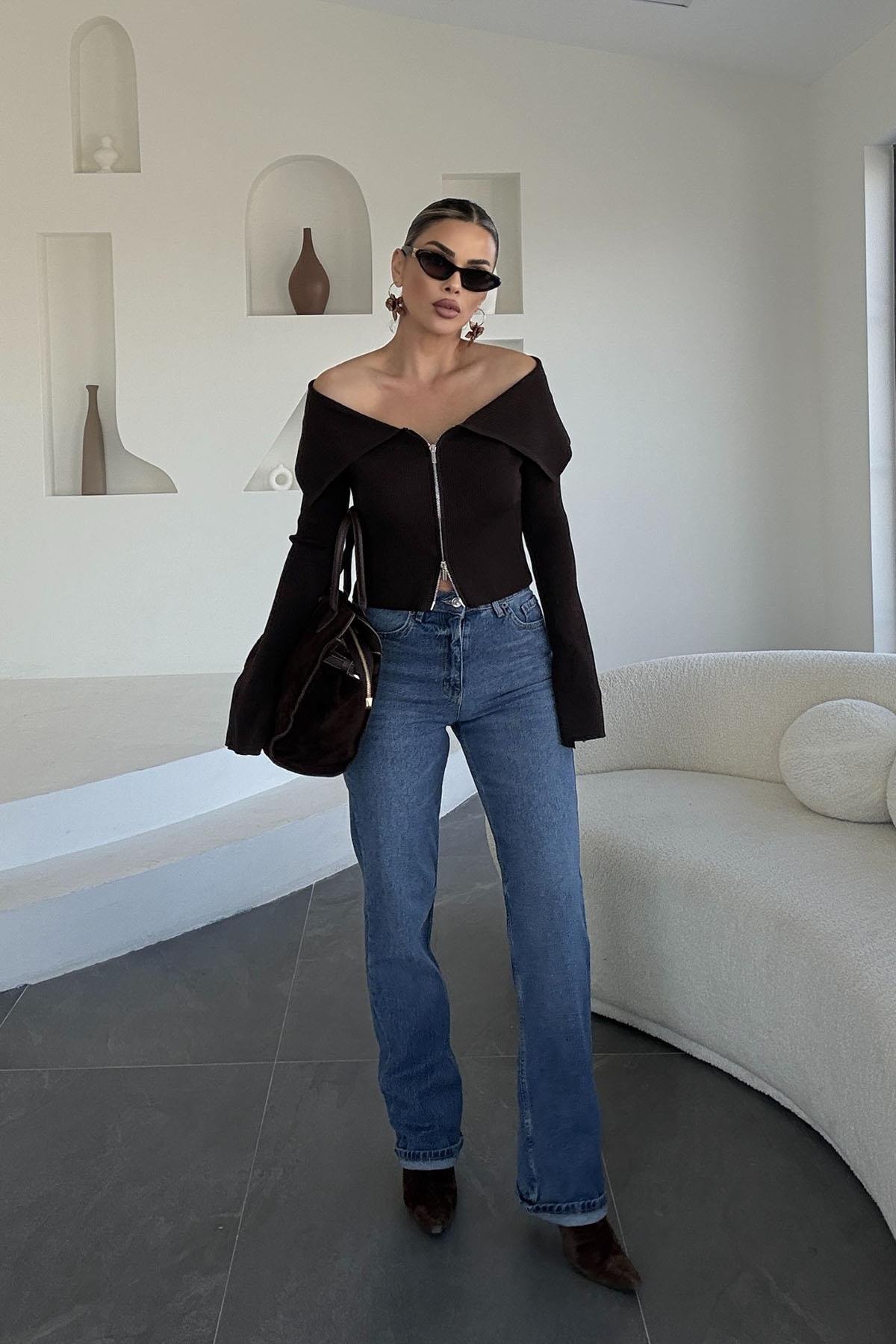Eswomes Yüksek Bel  Straight Jean Mavi