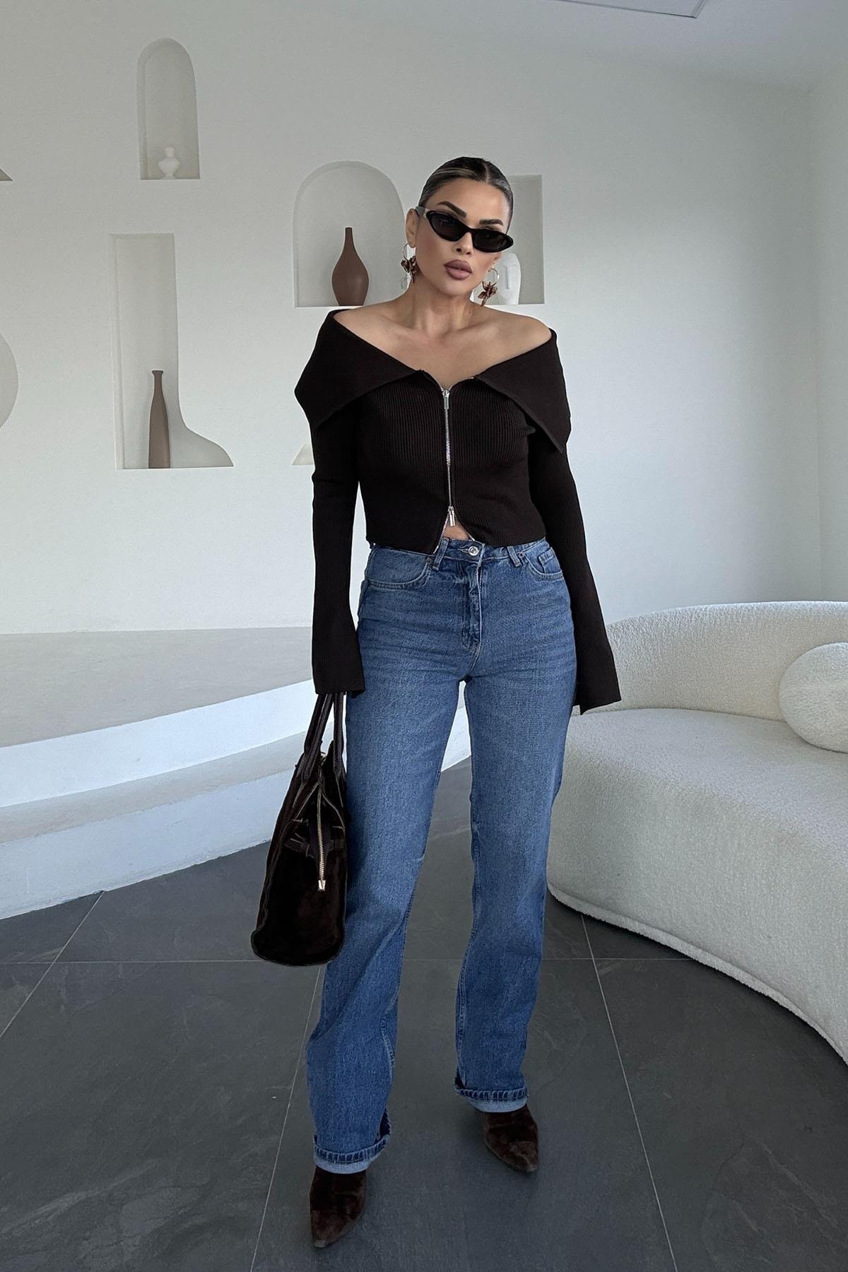 Eswomes Yüksek Bel  Straight Jean Mavi