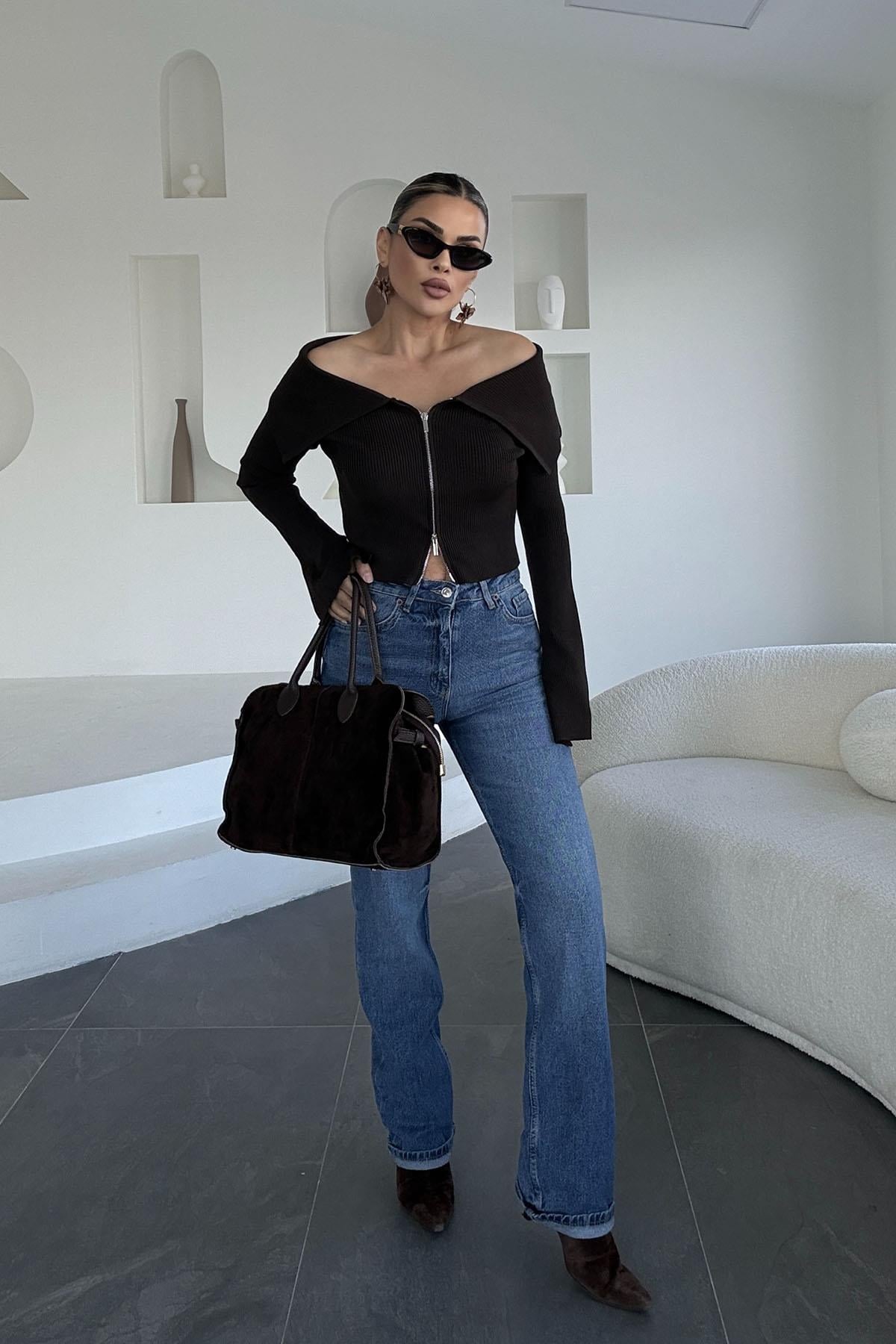 Eswomes Yüksek Bel  Straight Jean Mavi