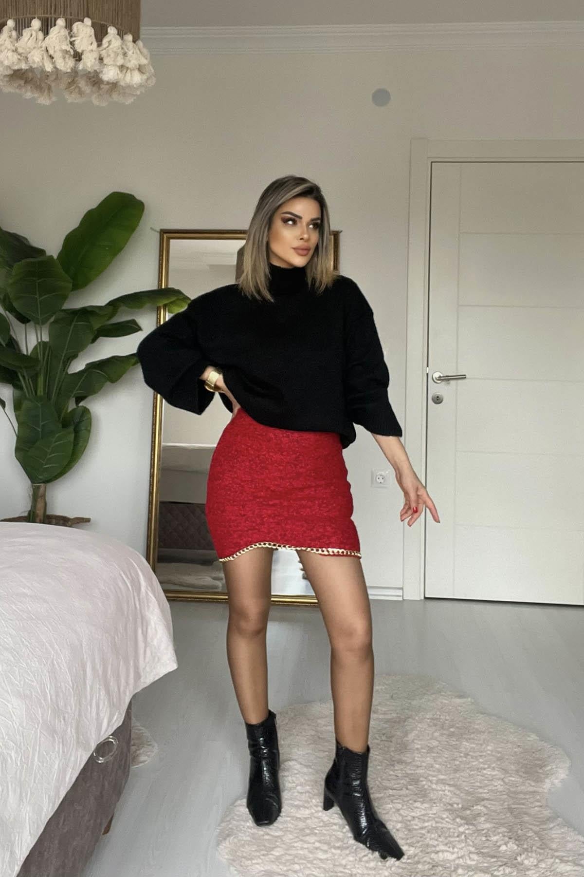 Eswomes Zincir Detay Mini Etek Kırmızı