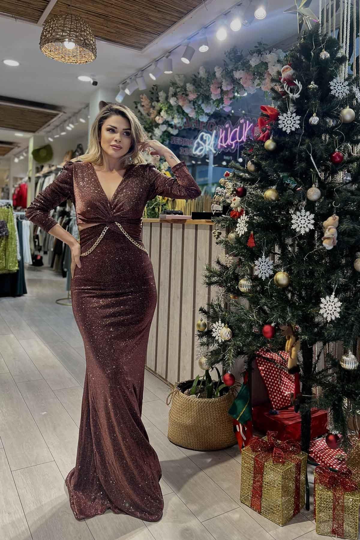 Eswomes Zincir Detay Uzun Elbise KARAMEL