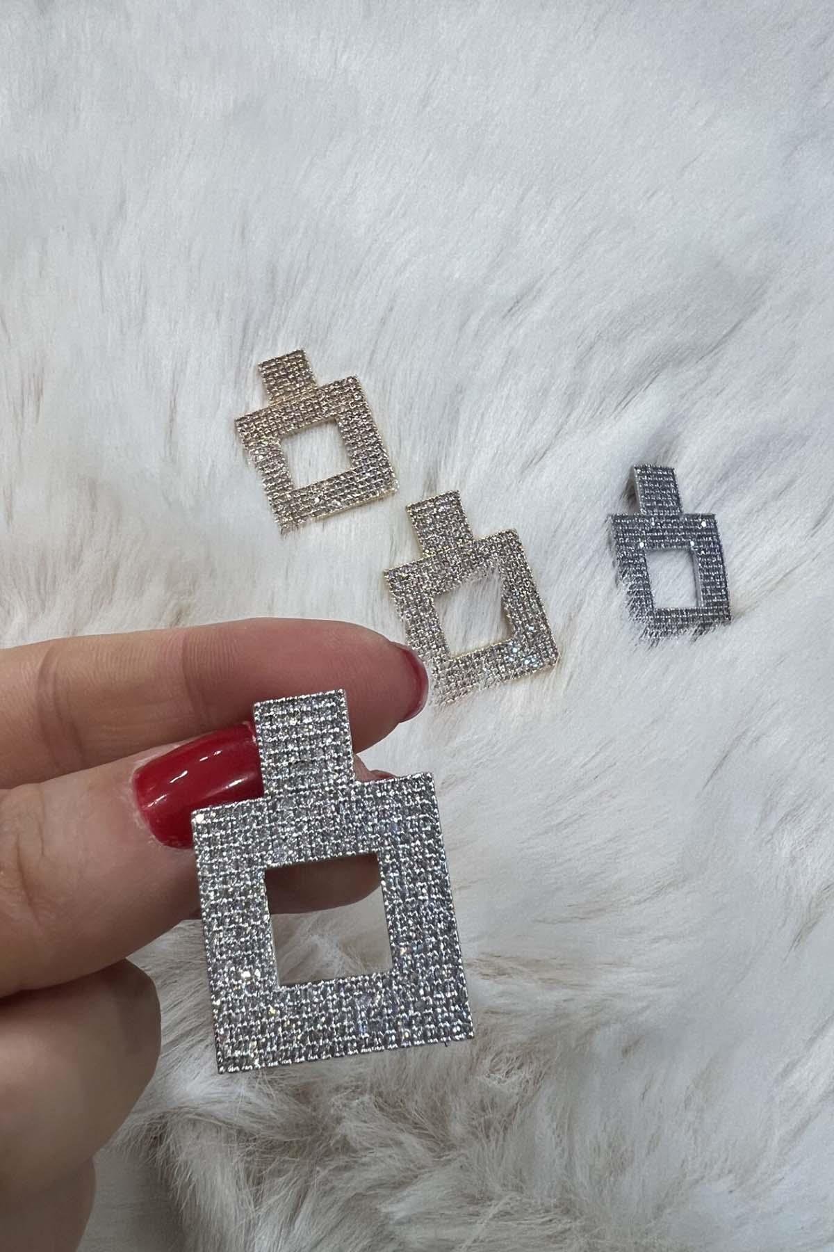 Eswomes Zirkon Taşlı Kare Küpe Gümüş
