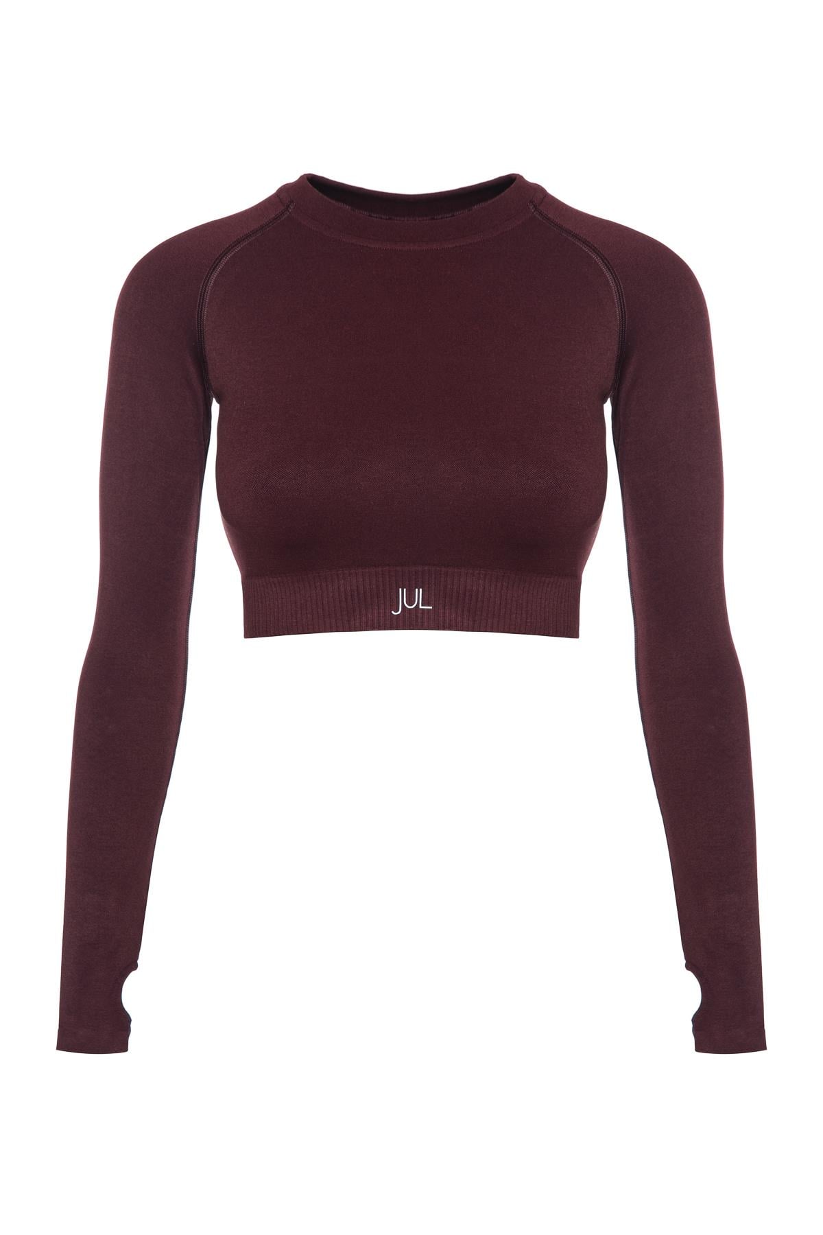 Uzun Kollu Crop Top - Tayt Takım Mat Bordo