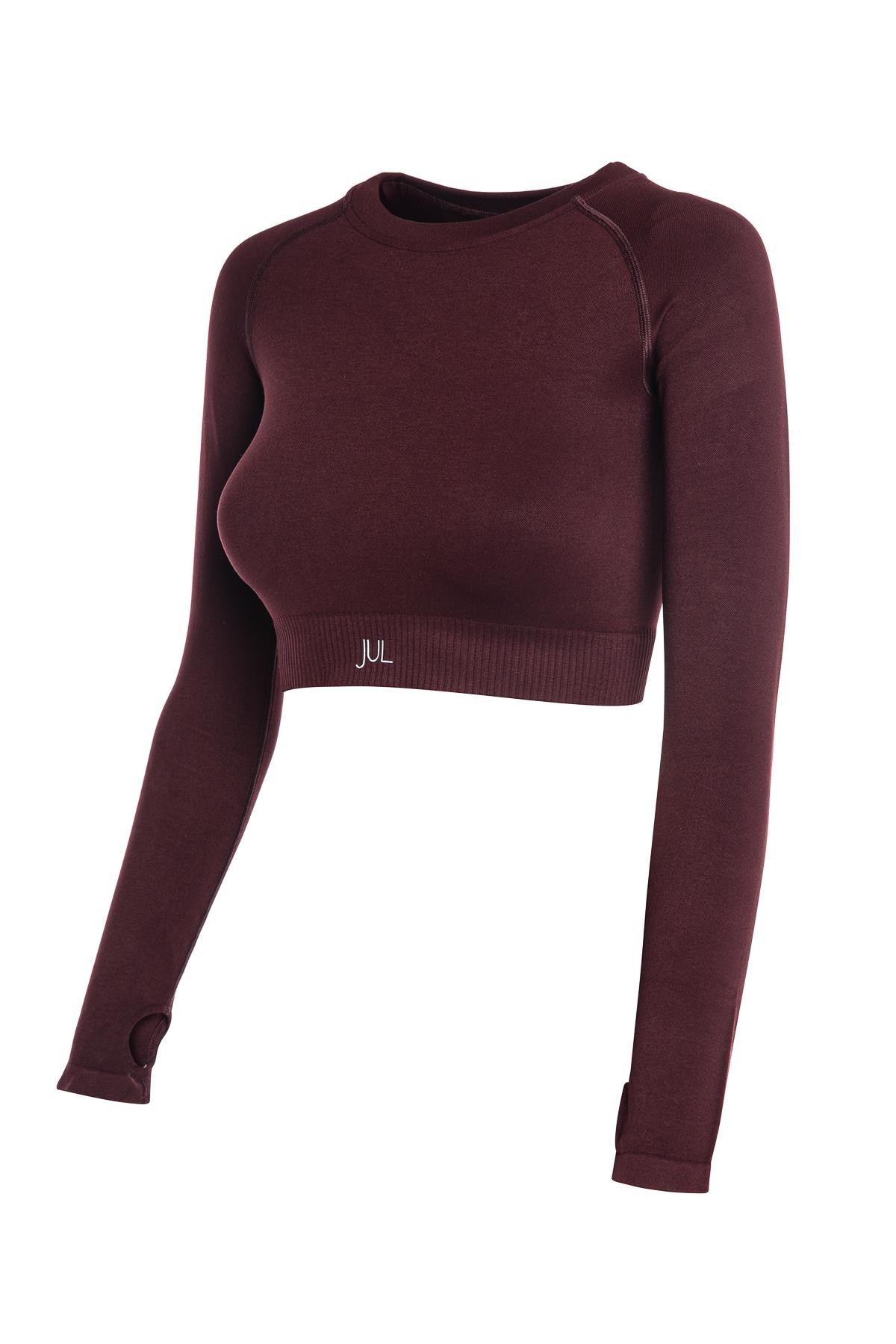 Uzun Kollu Crop Top - Tayt Takım Mat Bordo
