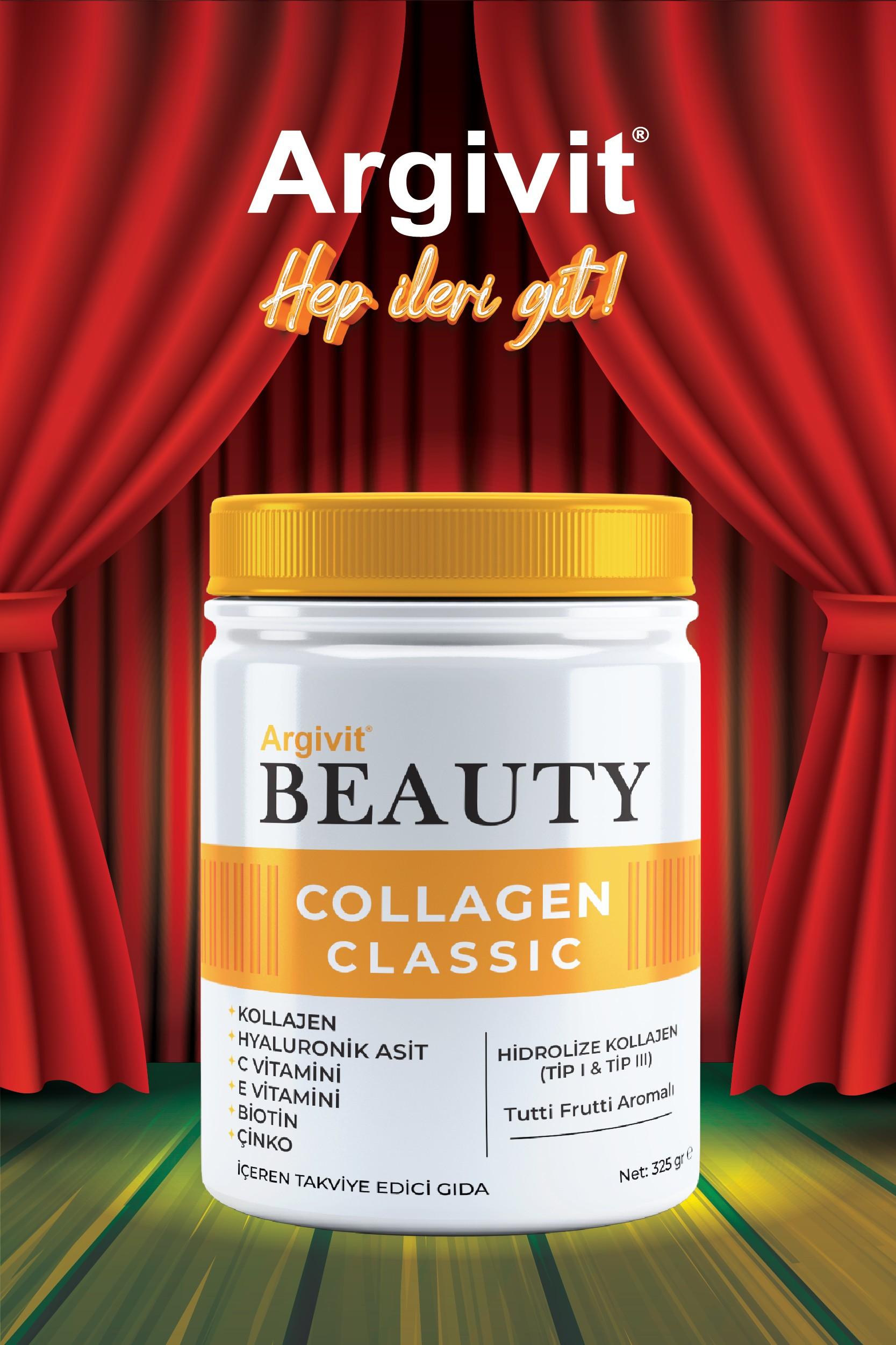 Argivit Beauty Collagen Classic Takviye Edici Gıda (Kollajen, Hyaluronik asit, Vitamin C, Vitamin E, Biotin, Çinko, Kavun, Üzüm, Karamücver) 325 gr