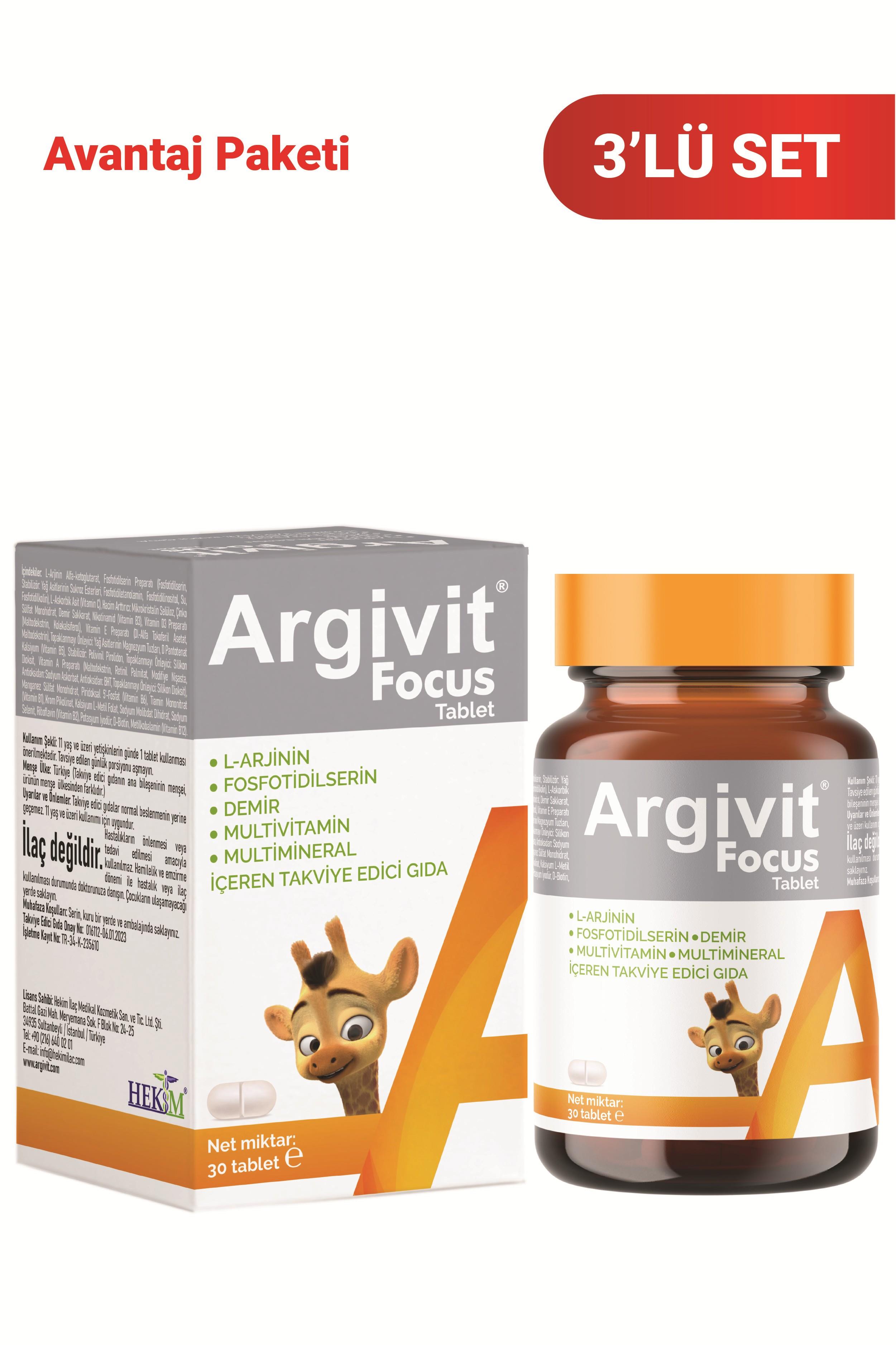 Argivit Focus 3’lü Paket L-Arjinin, Fosfotidilserin, Demir, Multivitamin ve Multimineral İçeren Tablet 30 Tablet