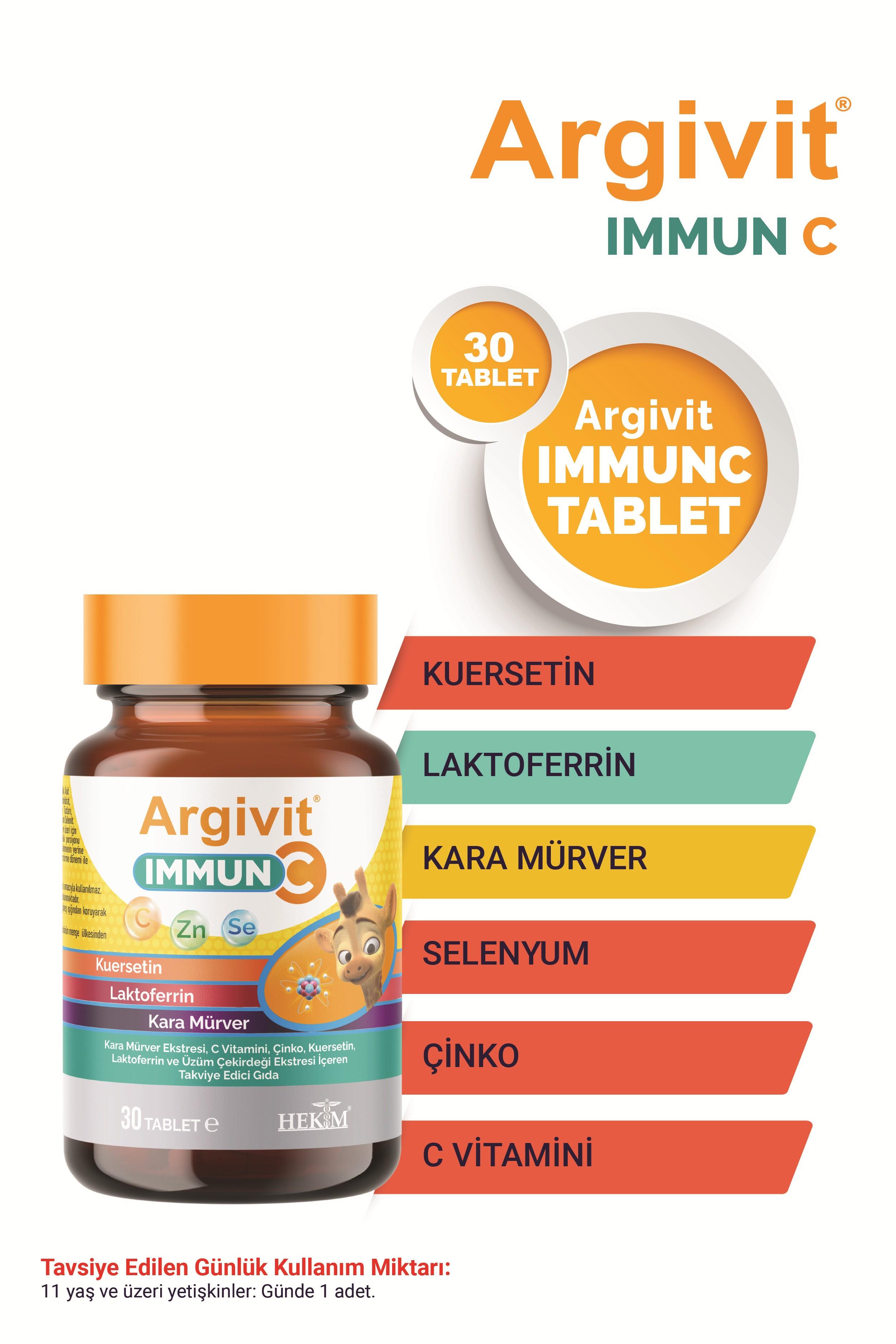 Argivit Immun C Tablet 3’lü Paket ( Kara Mürver, C Vitamini, Çinko, Kuersetin, Laktoferrin, Üzüm ) 30 Tablet