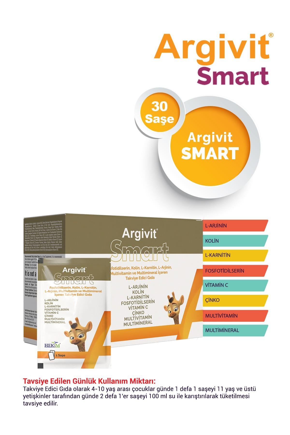 Argivit Smart Fosfotidilserin, Kolin, L-Karnitin, L-Arjinin, Multivitamin ve Multimineral 30 Saşe