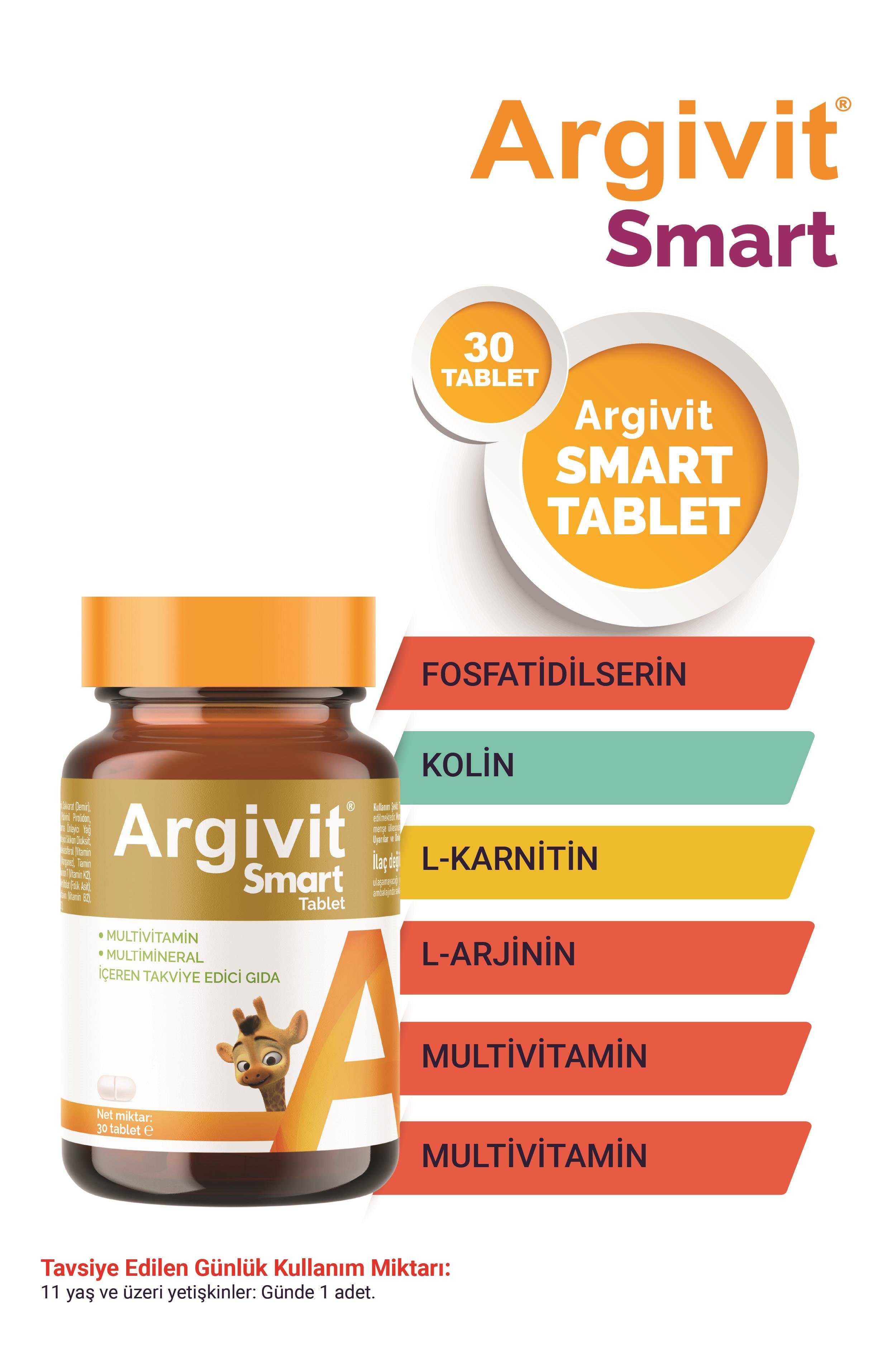 Argivit Smart Tablet 30 Tablet 2'li Paket - Fosfatidilserin, Kolin, L-Arginin, Multivitamin ve Multimineral