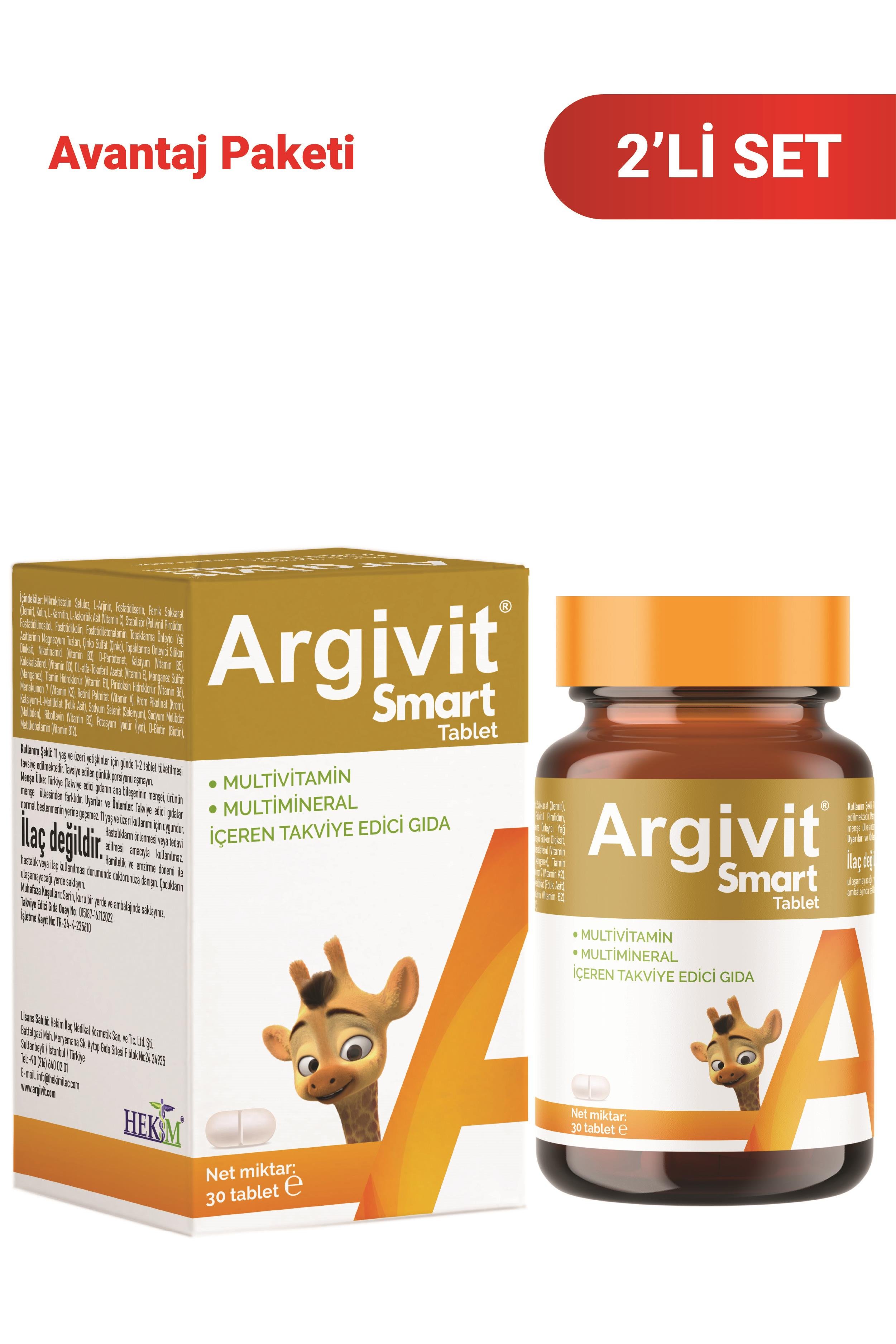 Argivit Smart Tablet 30 Tablet 2'li Paket - Fosfatidilserin, Kolin, L-Arginin, Multivitamin ve Multimineral
