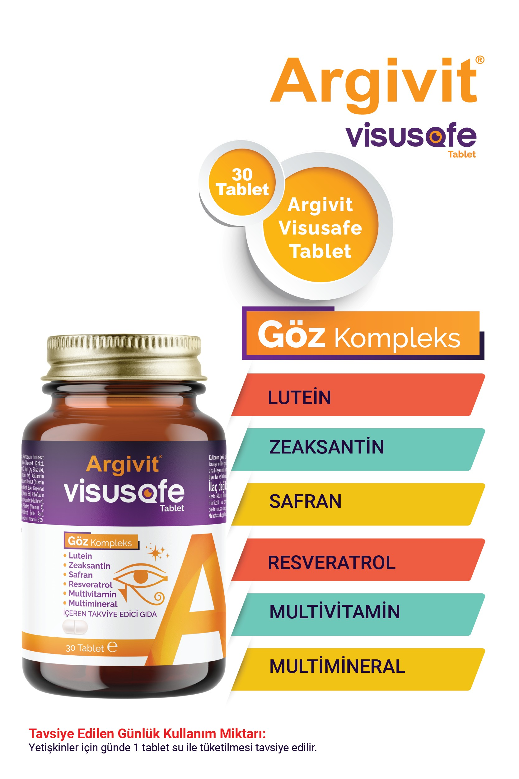 Argivit Visusafe 30 Tablet - Göz Kompleks (Lutein, Zeaksantin, Safran, Resveratrol, Multivitamin Ve Multimineral) 