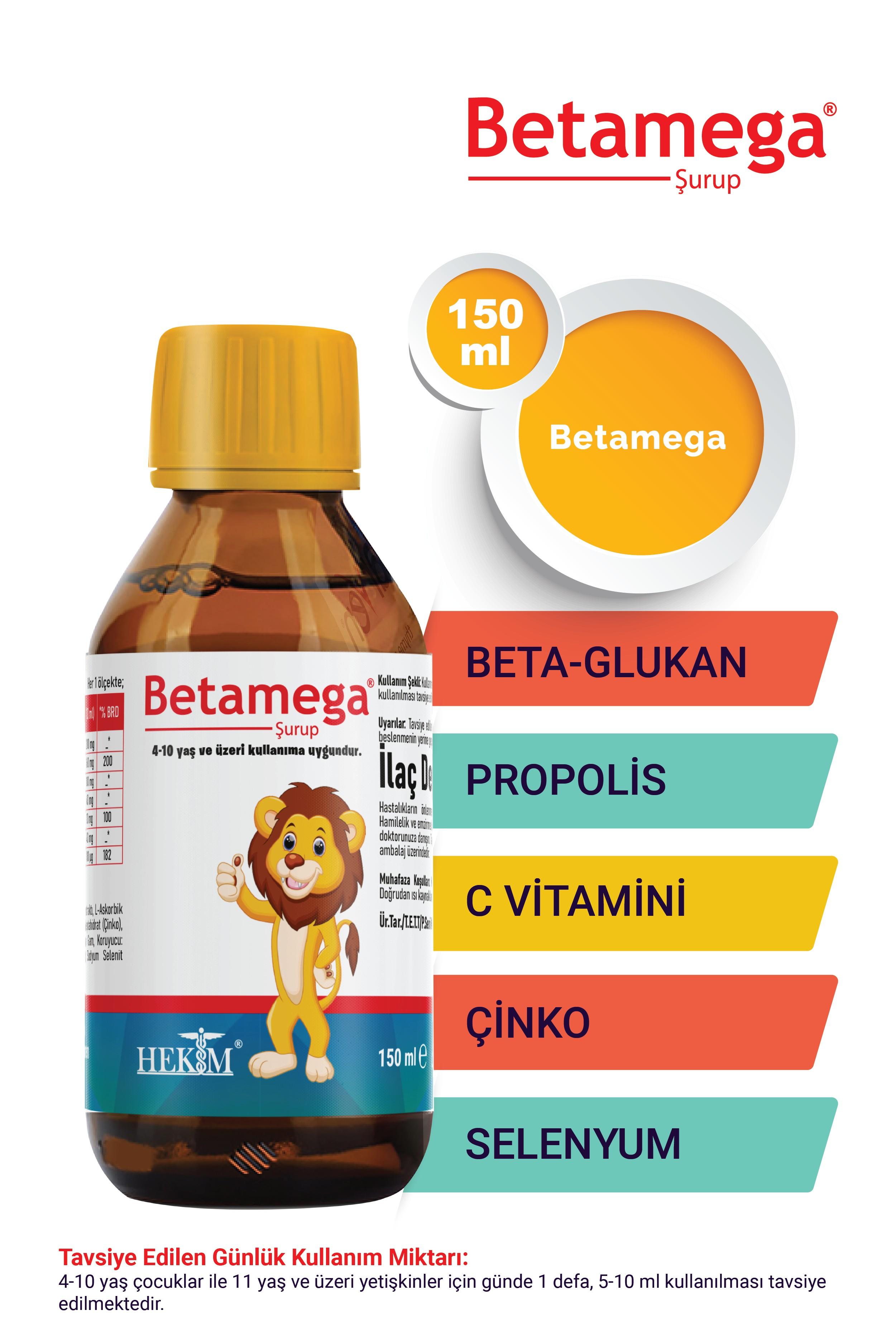Betamega Şurup 150 ml (Betaglukan, Propolis Ekstraktı, C Vitamini, Çinko, Selenyum)- Ahududu Aromalı