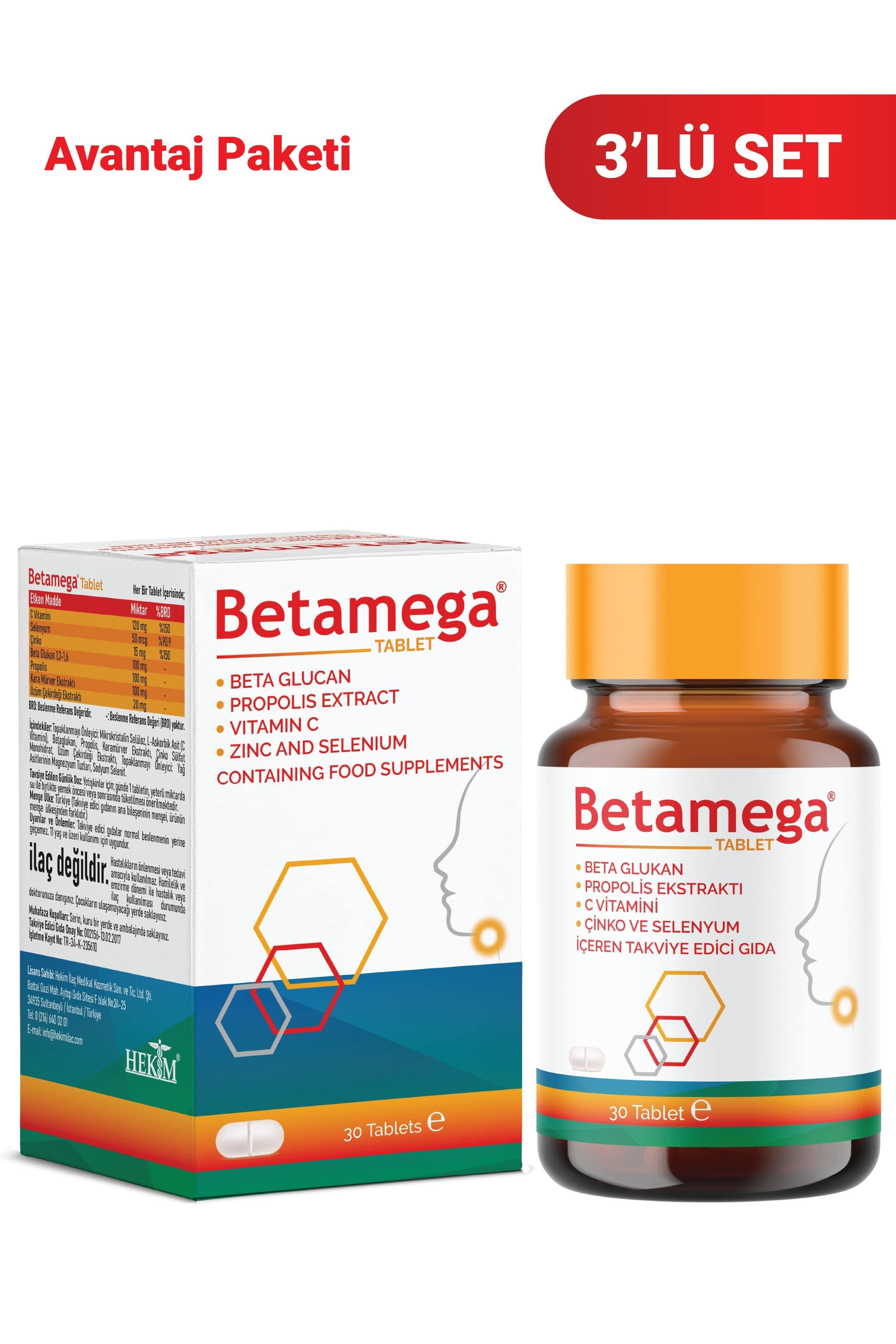 Betamega Tablet 30 Tablet 3'lü Paket Betaglukan, Propolis Ekstraktı, C Vitamini, Çinko, Selenyum