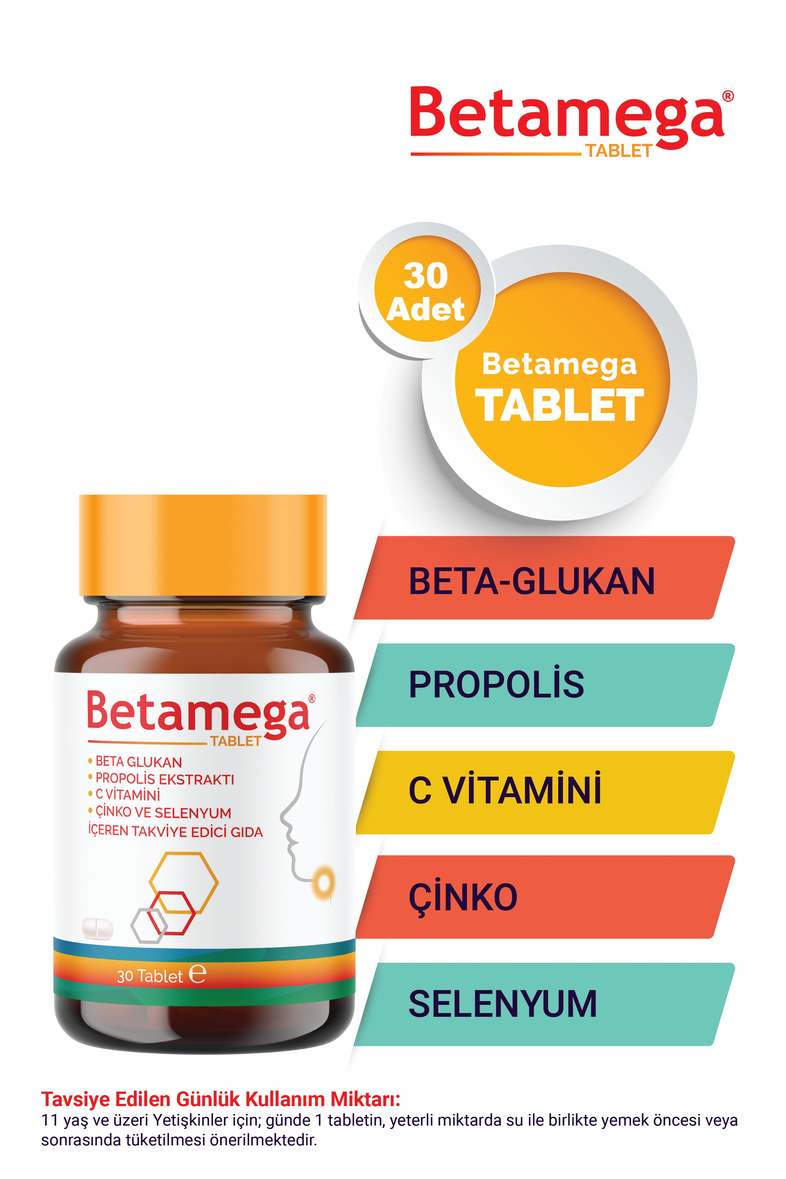 Betamega Tablet 30 Tablet 3'lü Paket Betaglukan, Propolis Ekstraktı, C Vitamini, Çinko, Selenyum