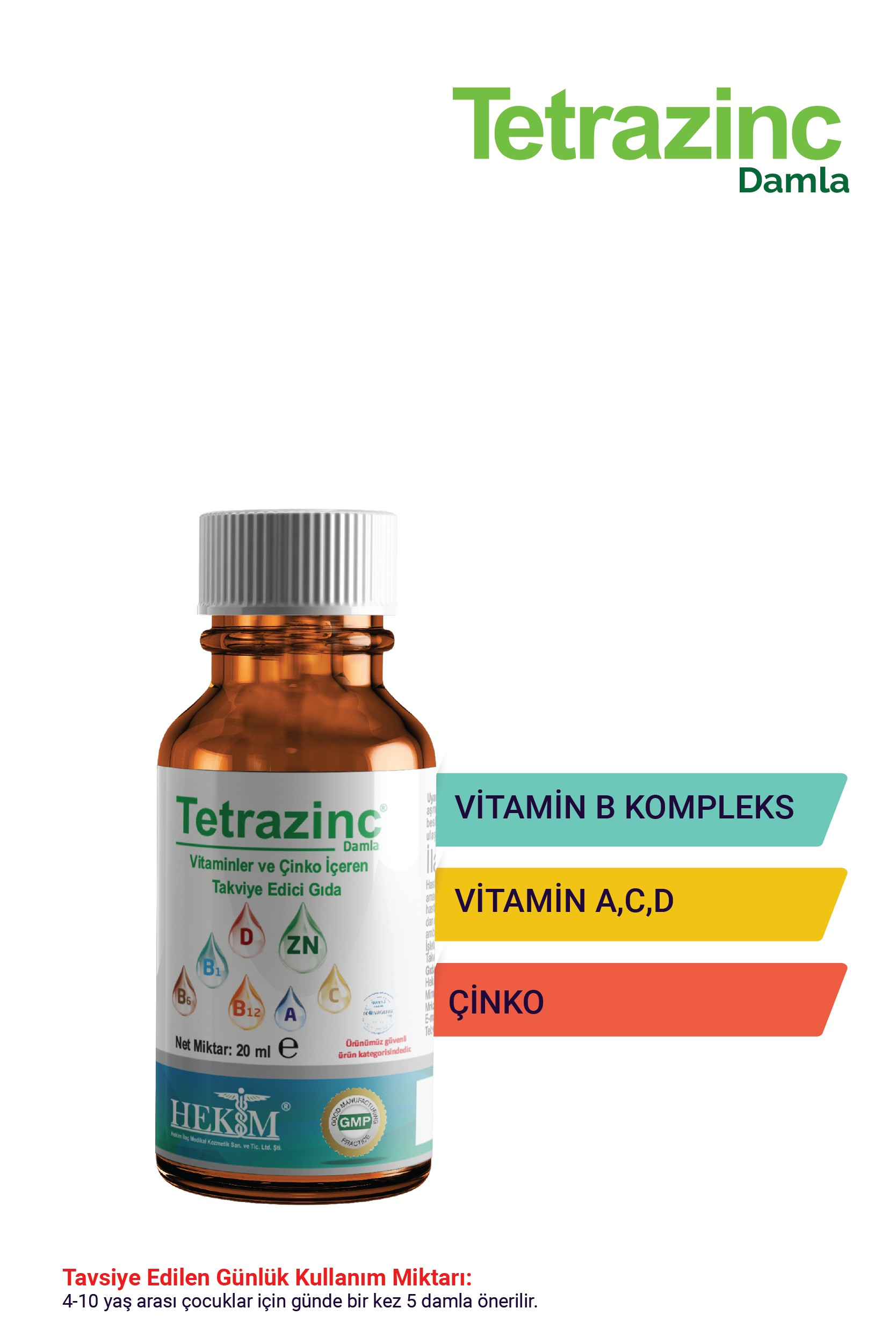 Tetrazinc A vitamini, C vitamini, D vitamini, B12 Damla 20 ml - Egzotik Meyve Aromalı