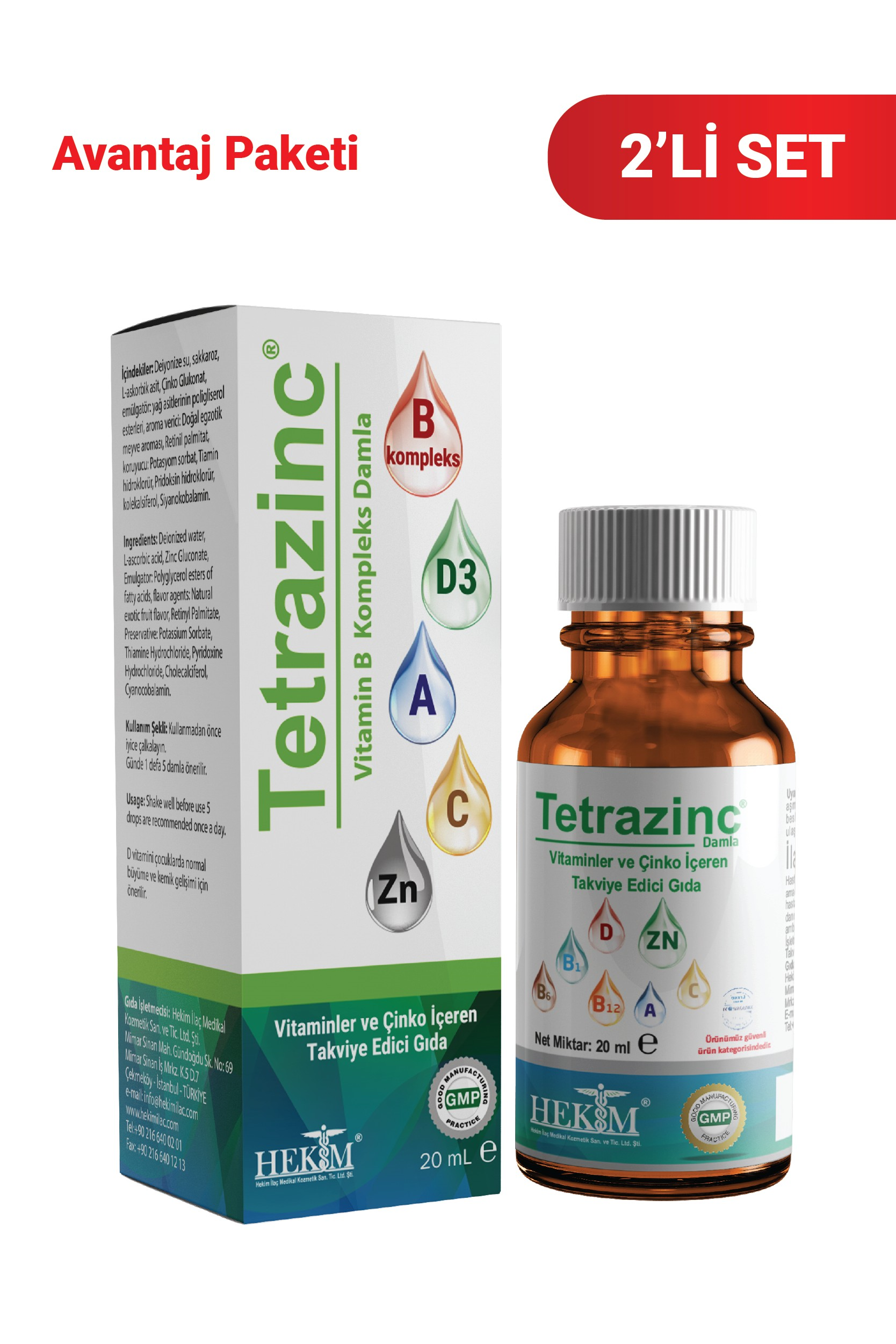 Tetrazinc A vitamini, C vitamini, D vitamini, B12 Damla 20 ml 2’Li Paket - Egzotik Meyve Aromalı