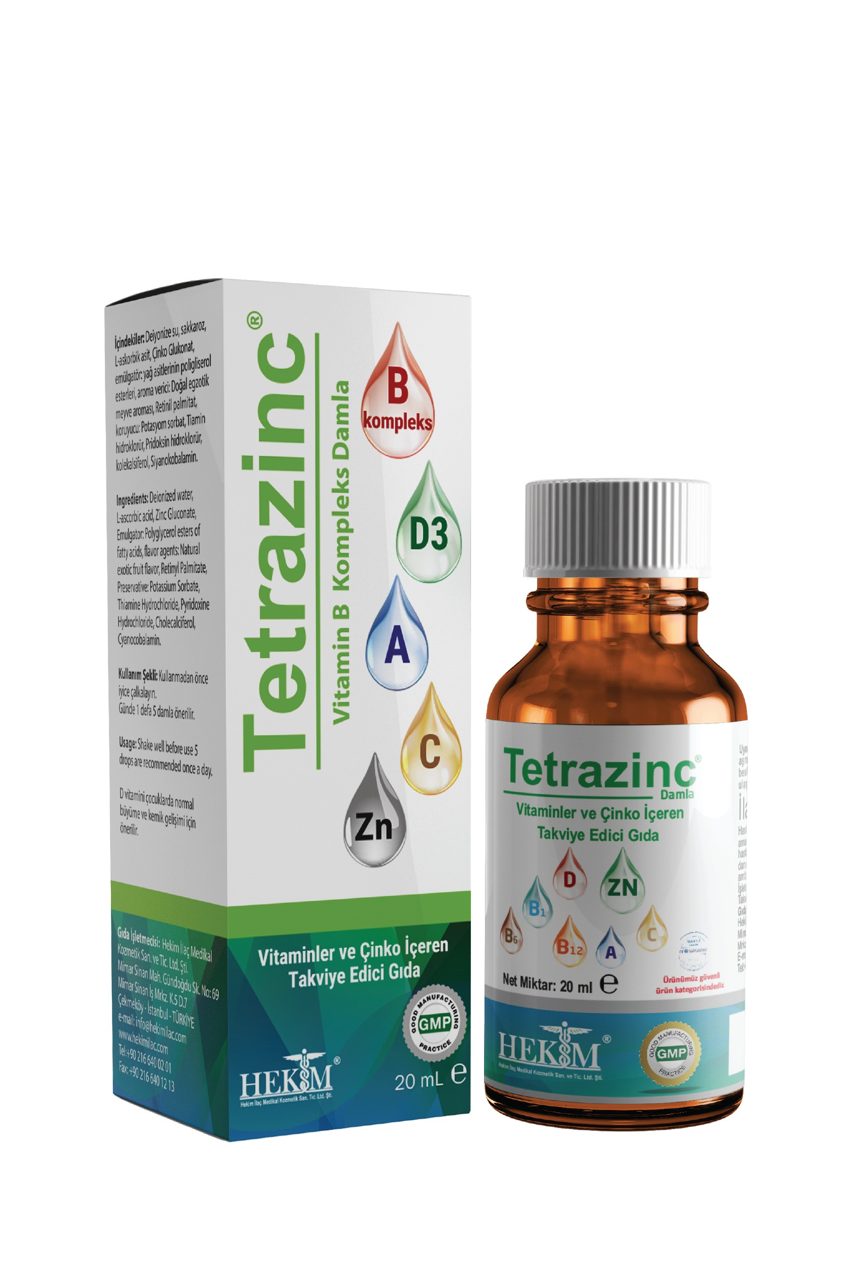 Tetrazinc A vitamini, C vitamini, D vitamini, B12 Damla 20 ml 2’Li Paket - Egzotik Meyve Aromalı