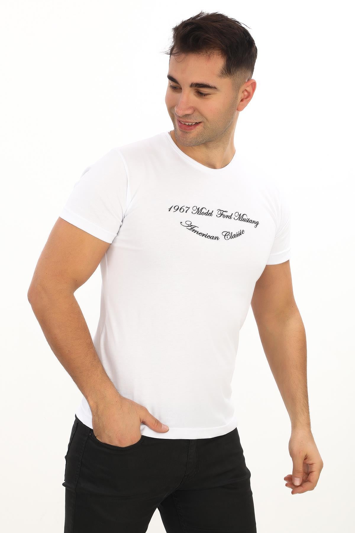 American Classic 1964 Model Ford Mustang Özel Tasarım Baskılı Beyaz T-shirt (Slim fit)