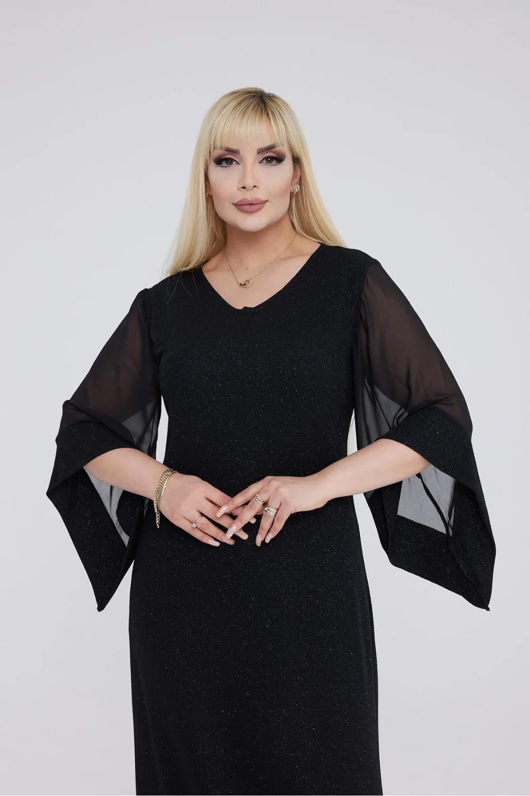Büyük Beden V Yaka Simli Likralı Kaynana Elbisesi(3XL-4XL-5XL)