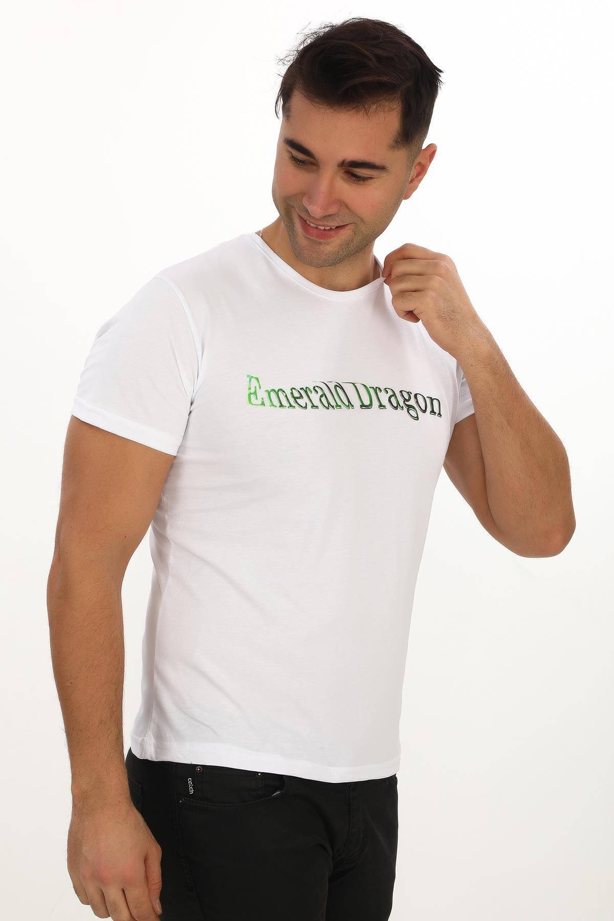 Emerald Dragon Baskılı Özel Tasarım Beyaz T-Shirt (Slim fit)