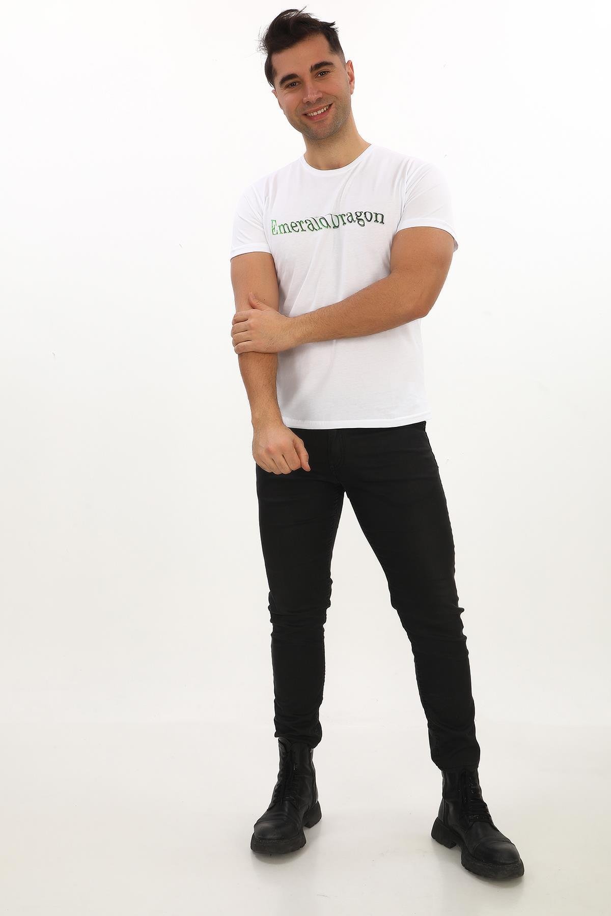 Emerald Dragon Baskılı Özel Tasarım Beyaz T-Shirt (Slim fit)