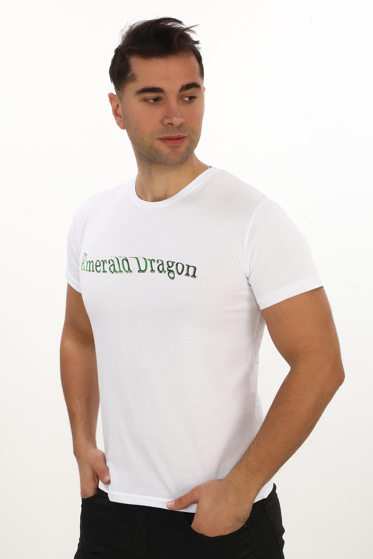 Emerald Dragon Baskılı Özel Tasarım Beyaz T-Shirt (Slim fit)