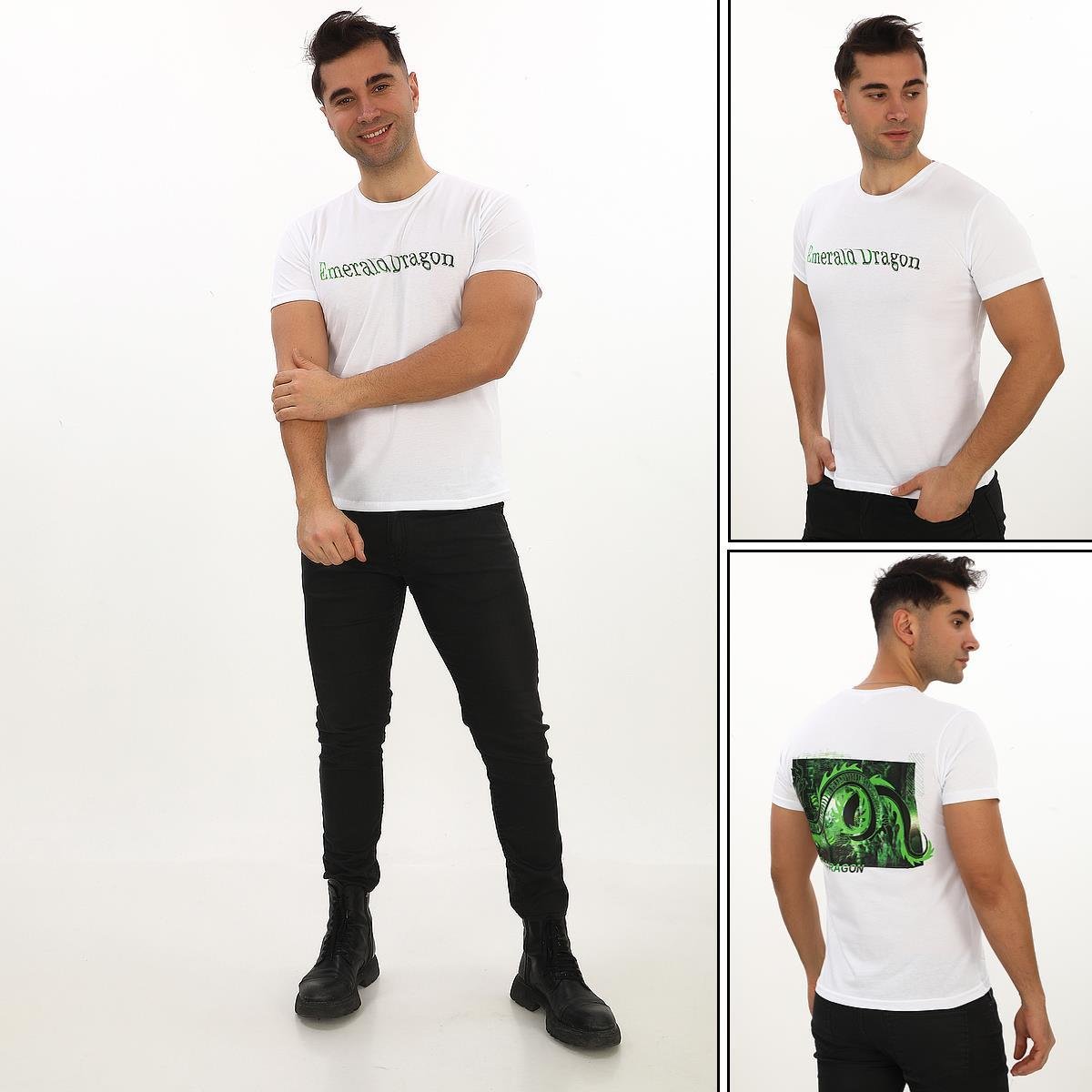 Emerald Dragon Baskılı Özel Tasarım Beyaz T-Shirt (Slim fit)
