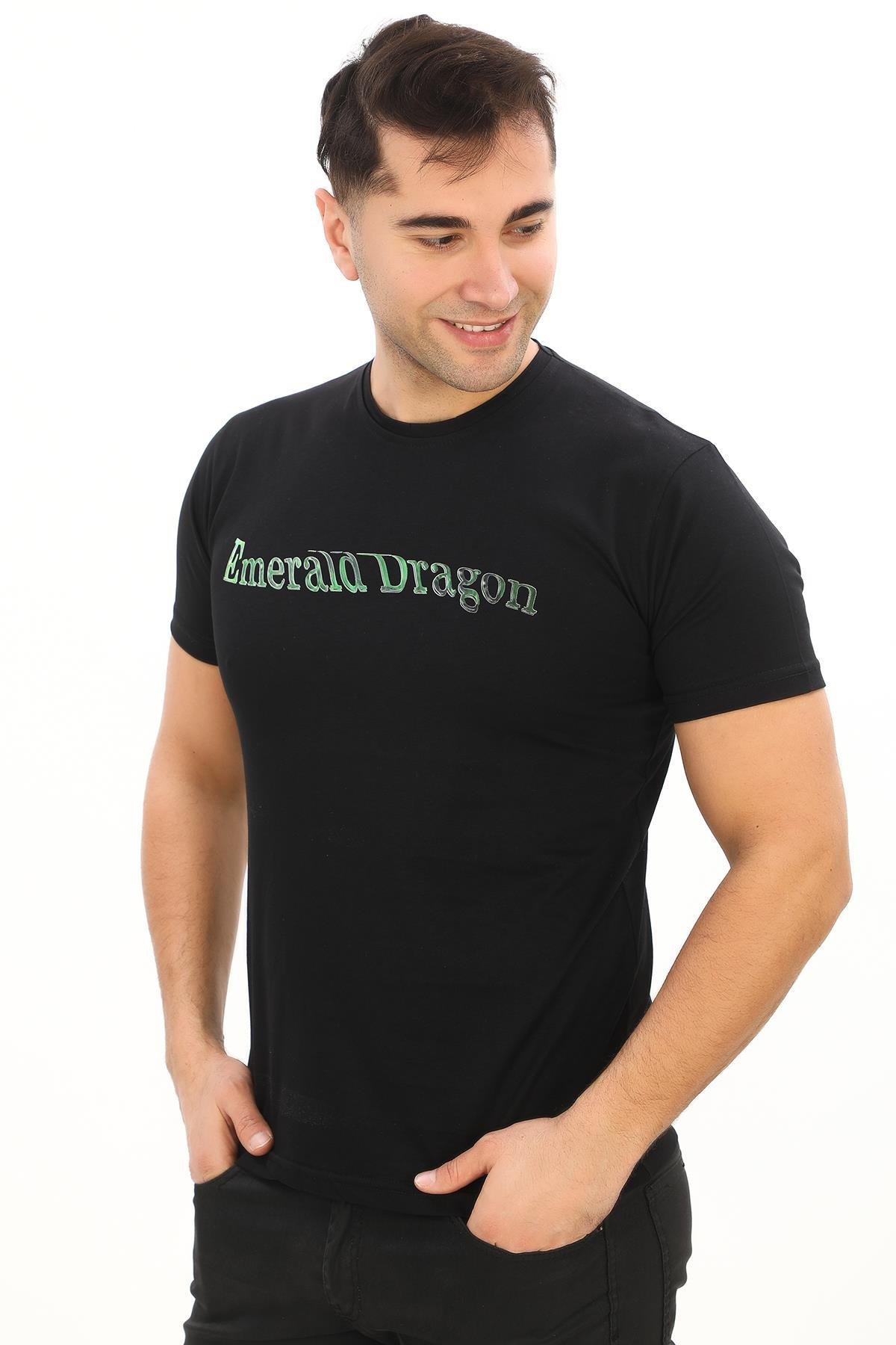 Emerald Dragon Baskılı Özel Tasarım Siyah T-Shirt (Slim fit)