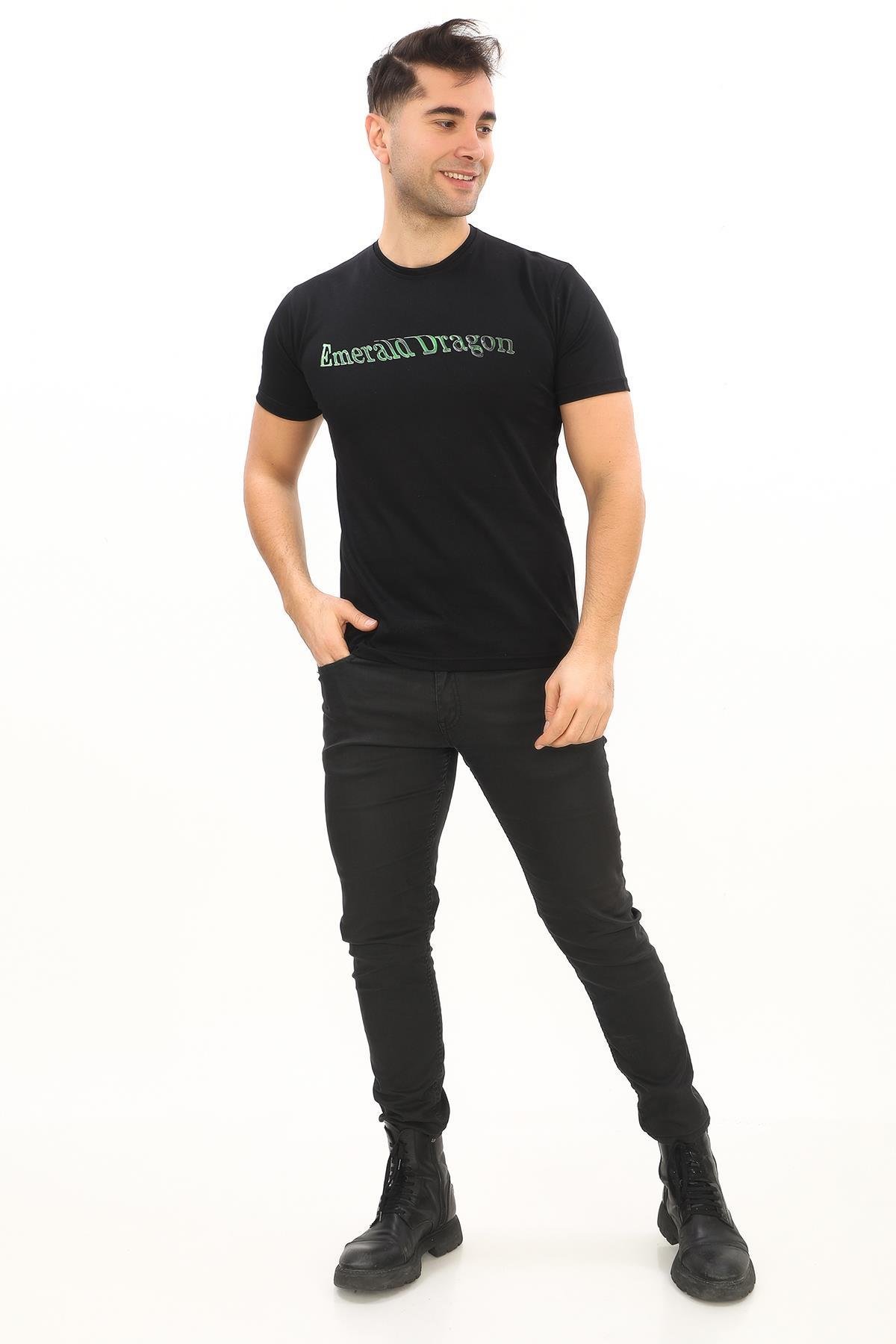 Emerald Dragon Baskılı Özel Tasarım Siyah T-Shirt (Slim fit)