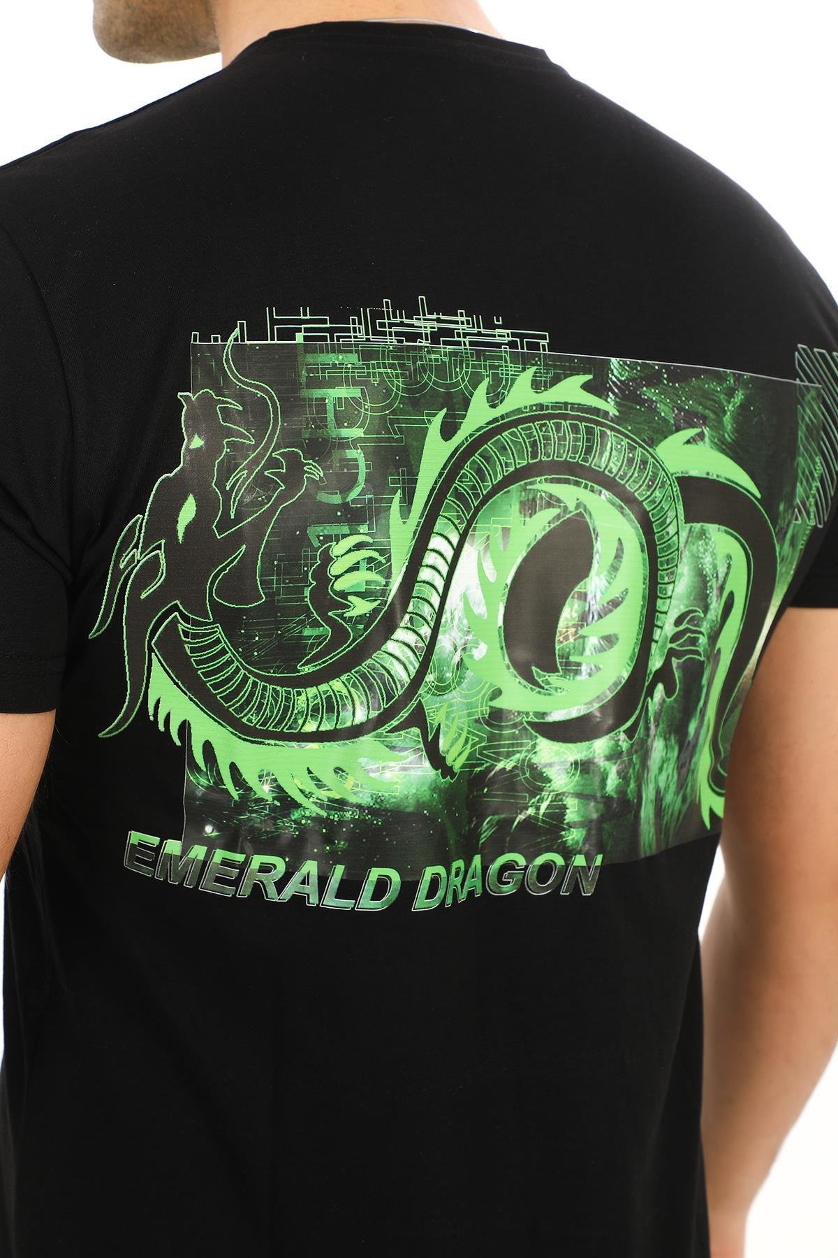 Emerald Dragon Baskılı Özel Tasarım Siyah T-Shirt (Slim fit)