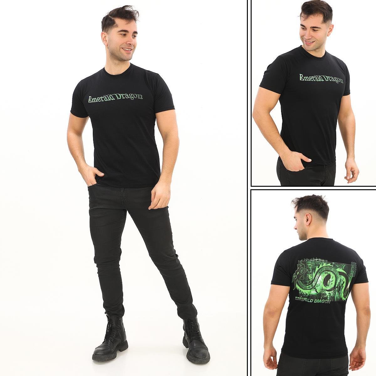 Emerald Dragon Baskılı Özel Tasarım Siyah T-Shirt (Slim fit)