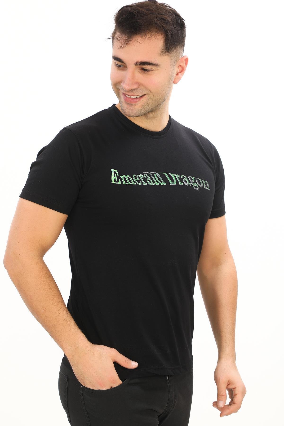Emerald Dragon Baskılı Özel Tasarım Siyah T-Shirt (Slim fit)