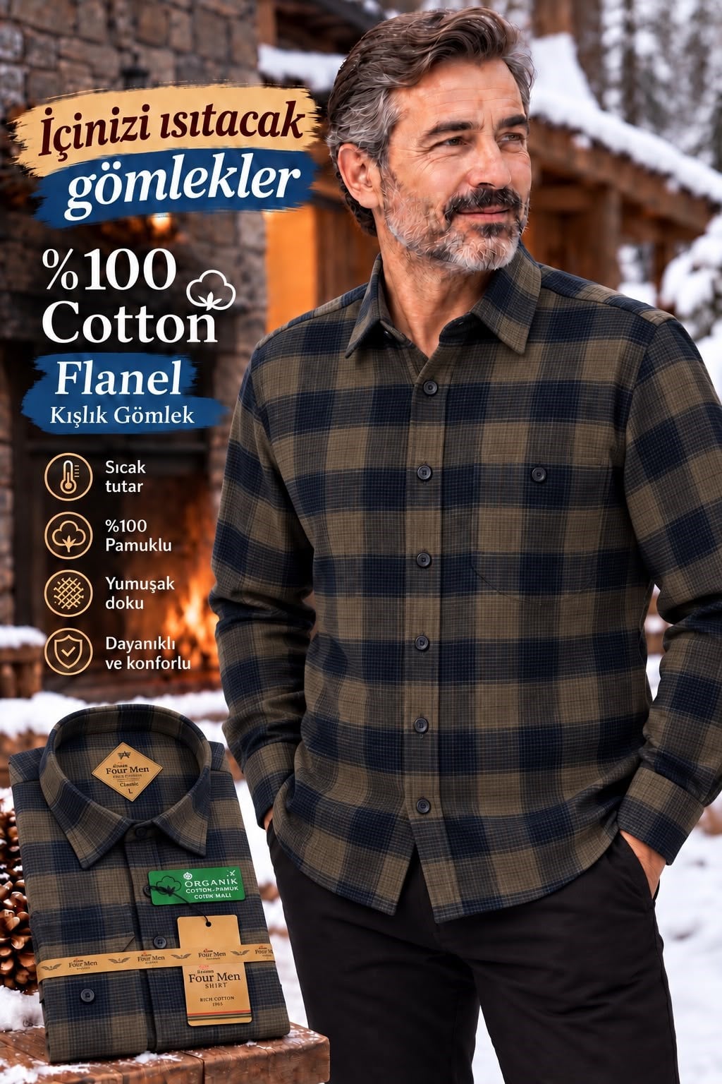 Flanel Kışlık Pamuklu Tek Cepli Düğmeli Yaka Gömlek (Regular Kalıp)