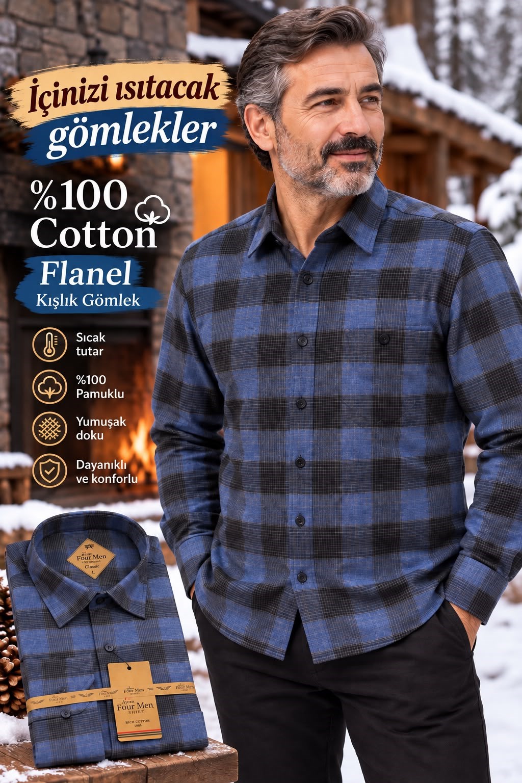 Flanel Kışlık Pamuklu Tek Cepli Düğmeli Yaka Gömlek (Regular Kalıp)