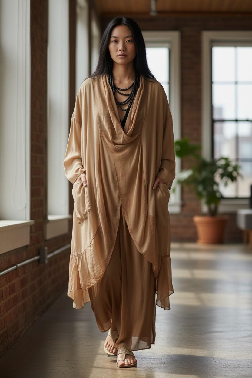 Italyan Ipek Detaylı Oversize Kaftan & Bluz