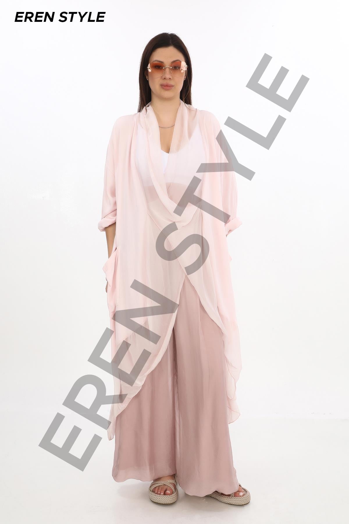 Italyan Ipek Detaylı Oversize Kaftan & Bluz