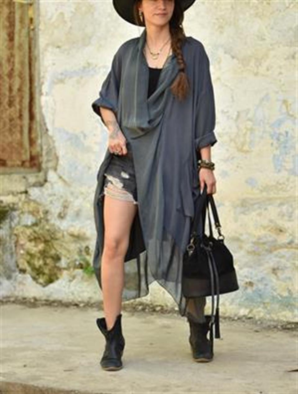 Italyan Ipek Detaylı Oversize Kaftan & Bluz
