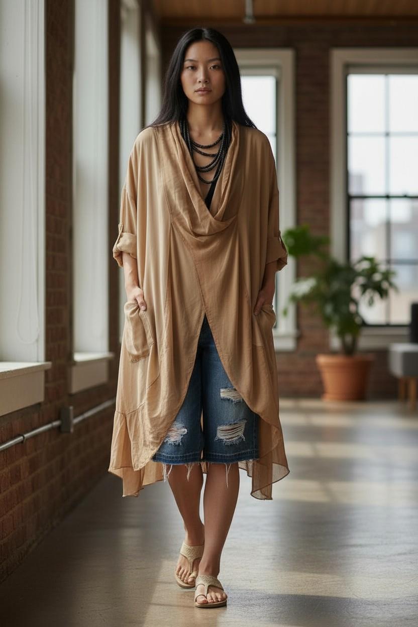 Italyan Ipek Detaylı Oversize Kaftan & Bluz