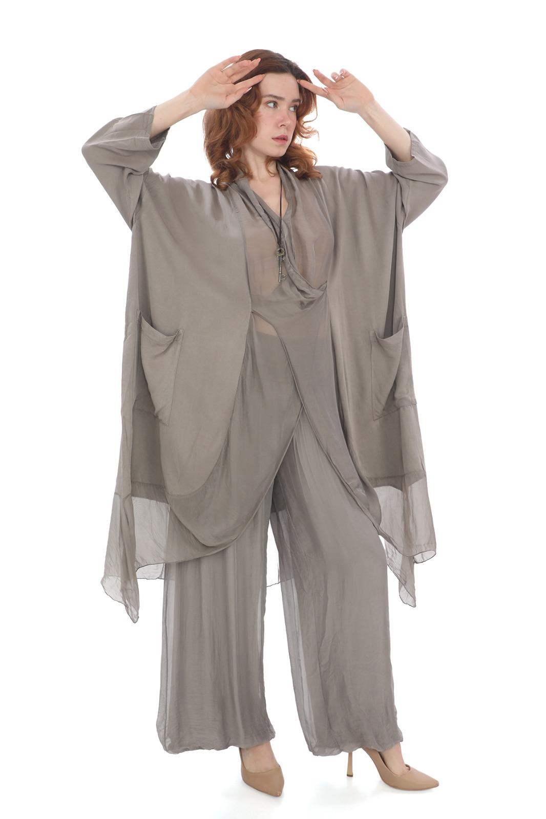 Italyan Ipek Detaylı Oversize Kap Bluz- Wes Pantolon Takım