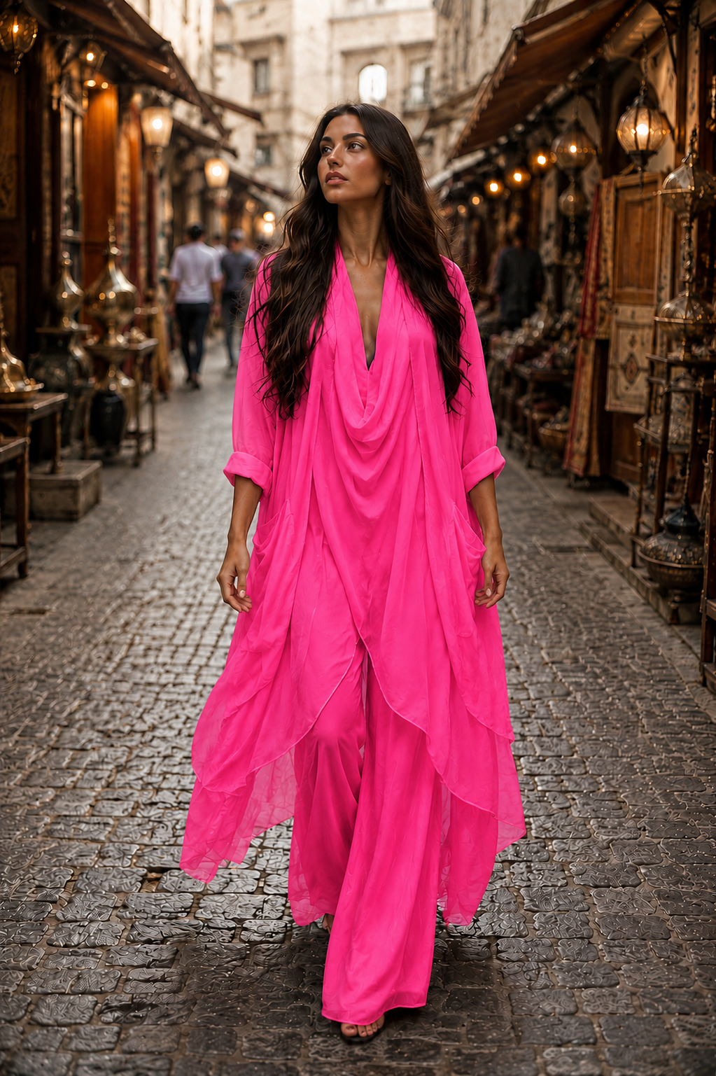 Italyan Ipek Detaylı Oversize Kap Bluz- Wes Pantolon Takım