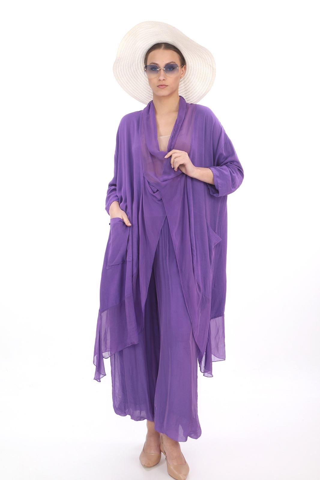 Italyan Ipek Detaylı Oversize Kap Bluz- Wes Pantolon Takım