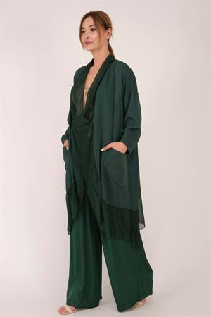Italyan Ipek Detaylı Oversize Kap Bluz- Wes Pantolon Takım